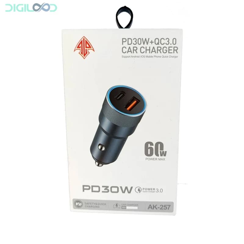 شارژر فندکی ۶۰ وات با دو پورت، مدل AK-257، از نوع فستشارژ