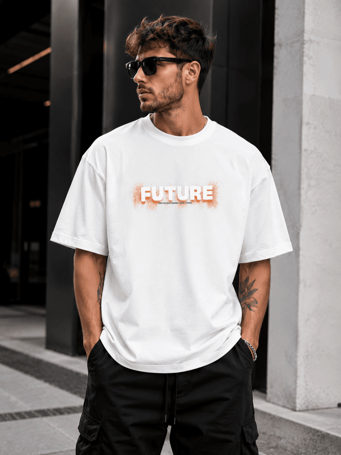 تیشرت باکسی پنبه ماکان گرم بالا طرح future رنگ سفید