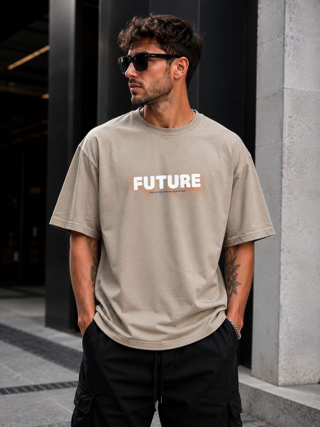 تیشرت باکسی پنبه ماکان گرم بالا طرح future رنگ خاکی — تصویر ۲