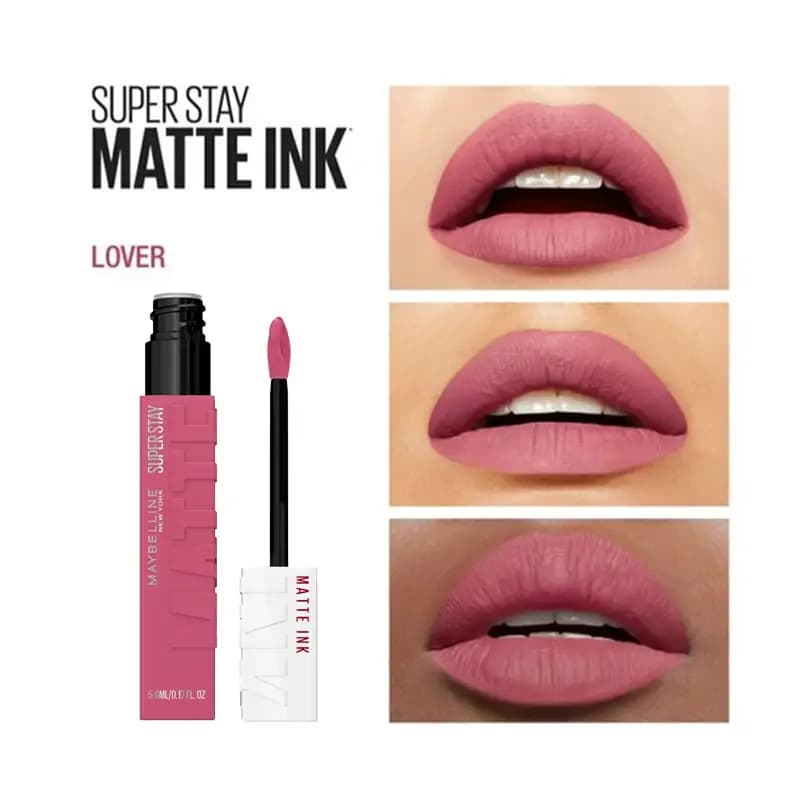 رژ لب مایع مات میبلین مدل سوپر استی رنگ 15 LOVER (اصل – Maybelline New York) ماندگاری ۱۶ ساعته و ضد انتقال — تصویر ۳