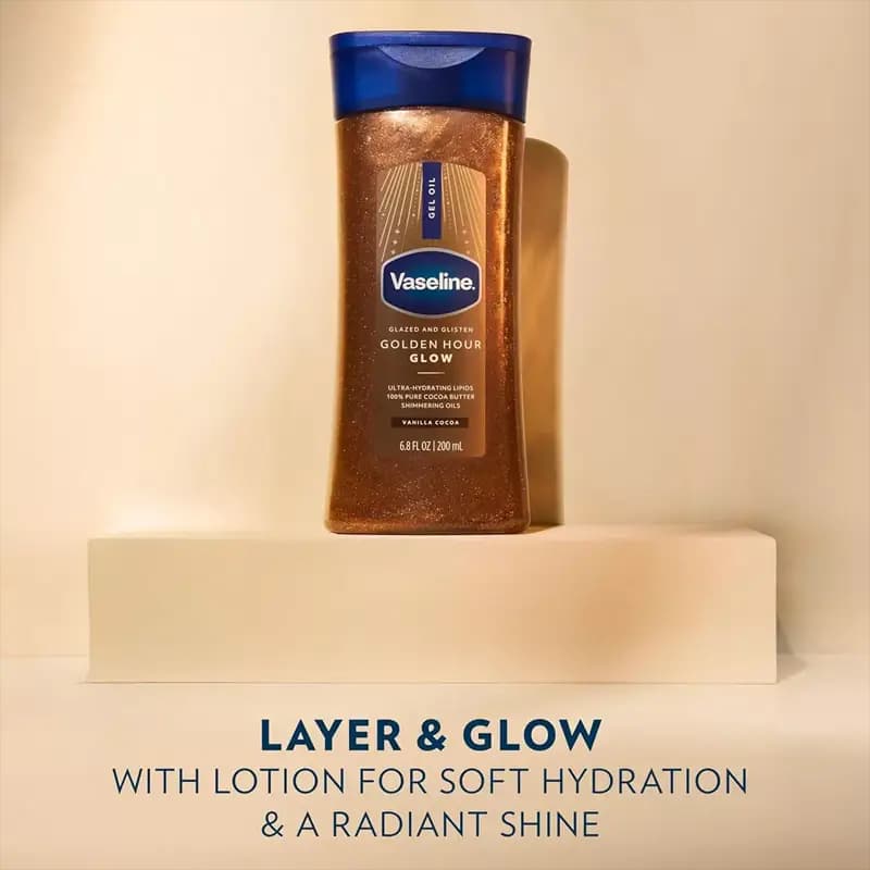 ژل روغن براق کننده بدن وازلین مدل Vaseline Golden Hour Glow Vanilla Cocoa – رطوبت‌رسان و درخشان‌کننده — تصویر ۳
