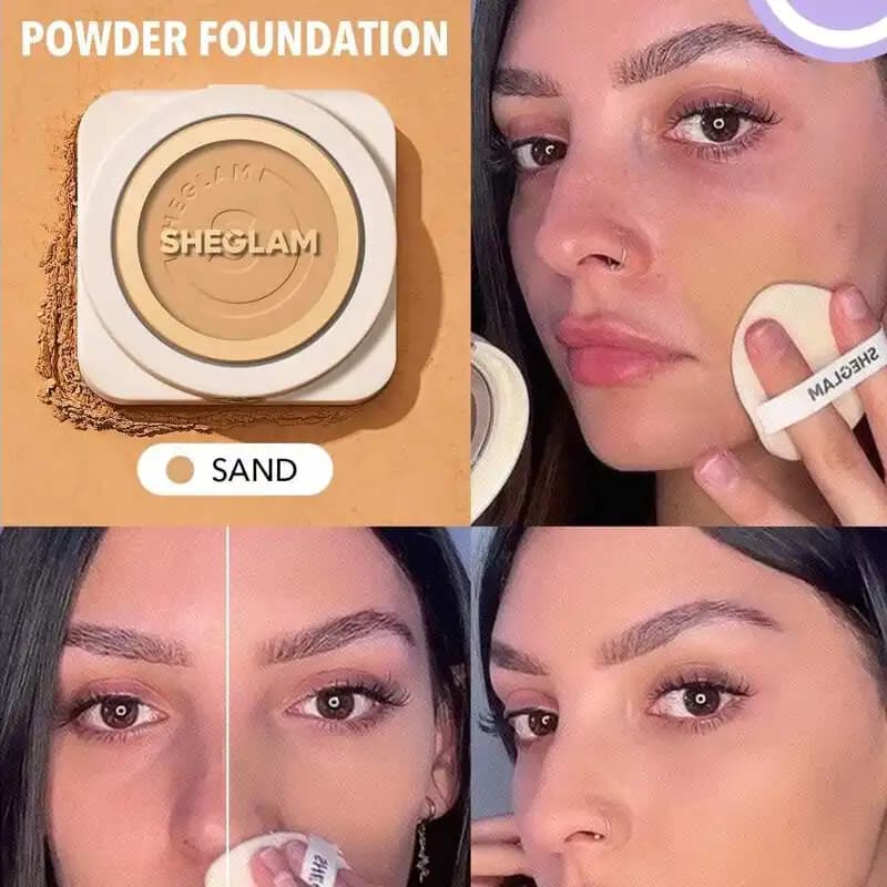 پنکک کرم‌ پودری شیگلم رنگ Sand؛ پوشش بالا و مات مناسب پوست‌های گندمی و متوسط (Sheglam) — تصویر ۴