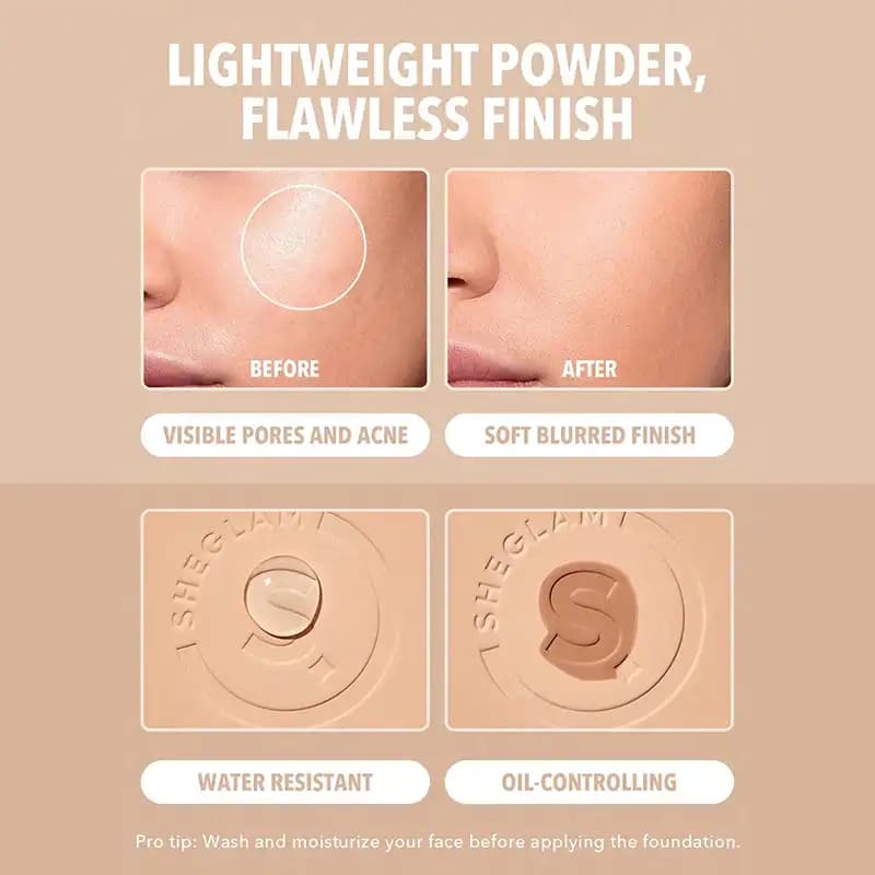 پنکک کرم پودری شیگلم رنگ Warm Vanilla؛ کاور بالا و مات بدون انسداد منافذ (Sheglam) — تصویر ۴