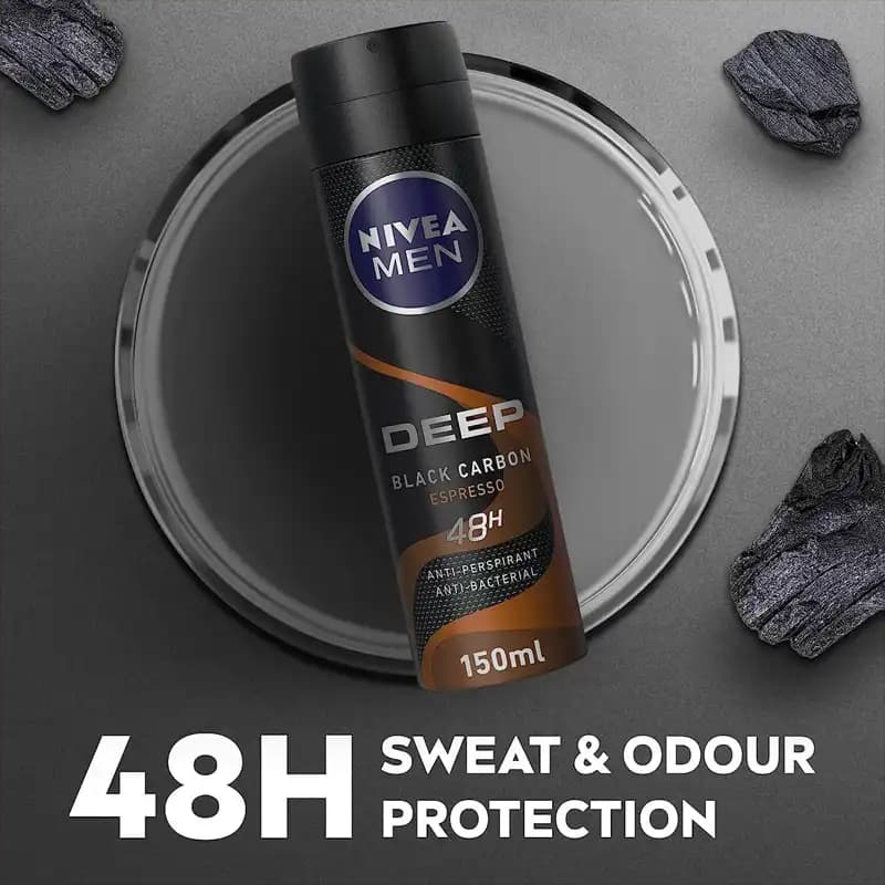 اسپری ضد تعریق مردانه نیوآ DEEP Black Carbon Espresso اصل Nivea رایحه چوبی اسپرسو — تصویر ۴