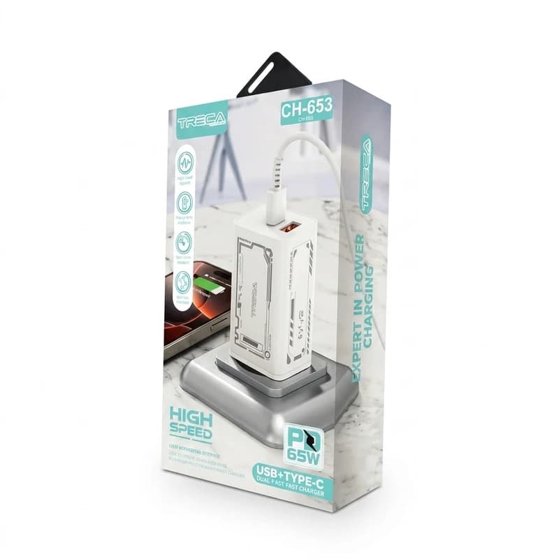 شارژر ۶۵ وات TREQA مدل CH-653 دو پورت USB+Type-C — تصویر ۴