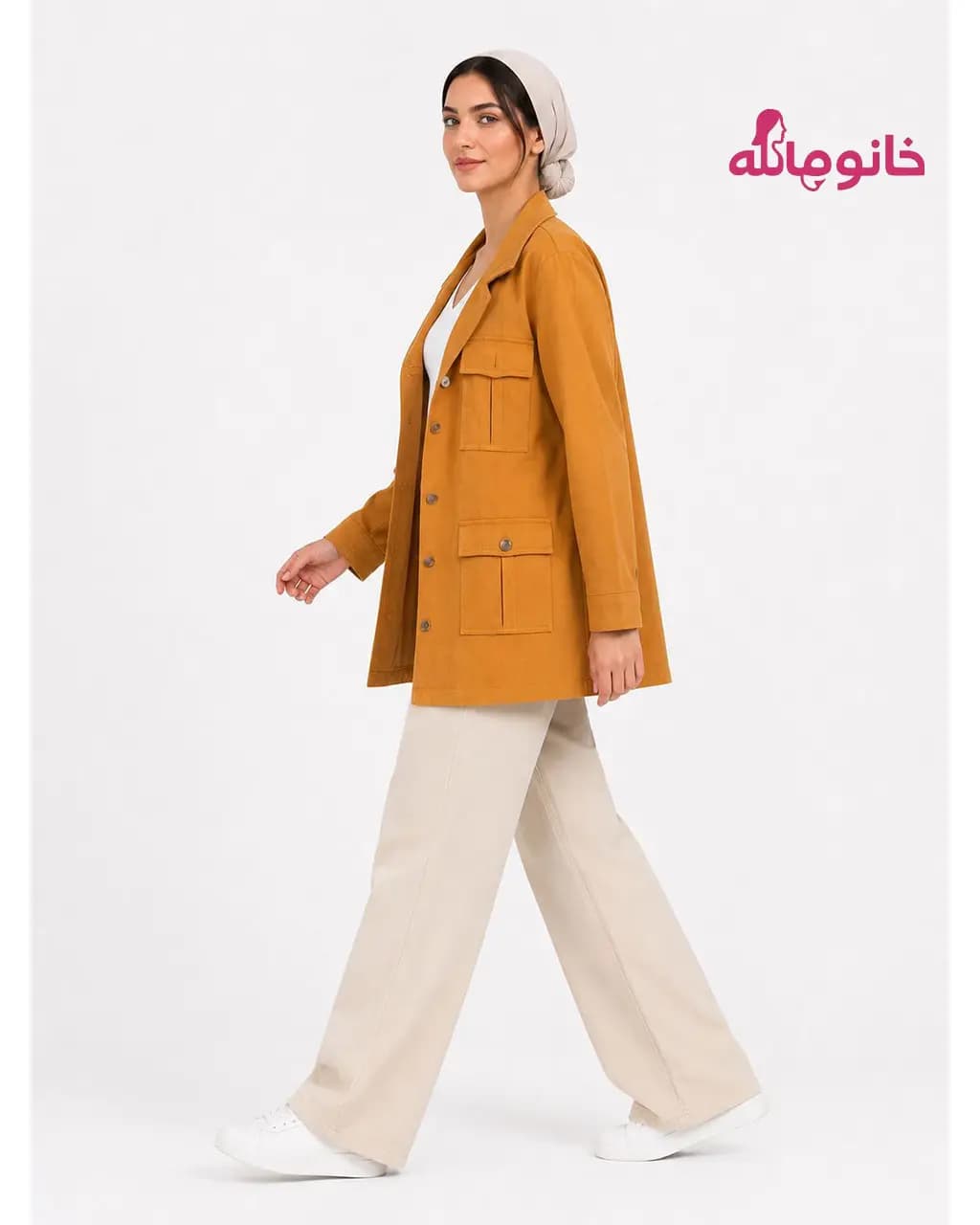 كت کتان زنانه 71184 چهار جیب خردلی — تصویر ۳