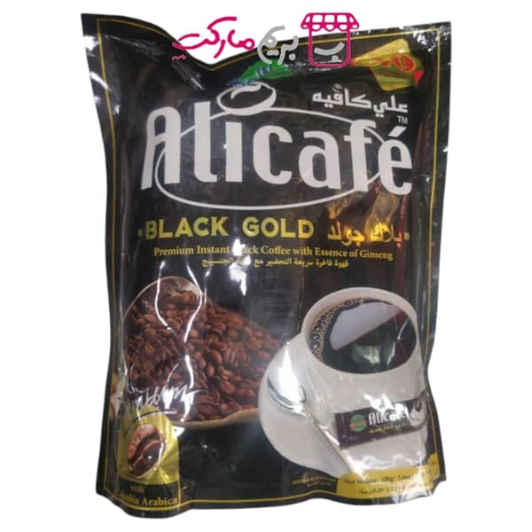 پودر قهوه علی کافه مدل Black Gold – 40 ساشه 2.5 گرمی با عصاره جینسینگ و عربیکا کلمبیا ۱۰۰ گرم