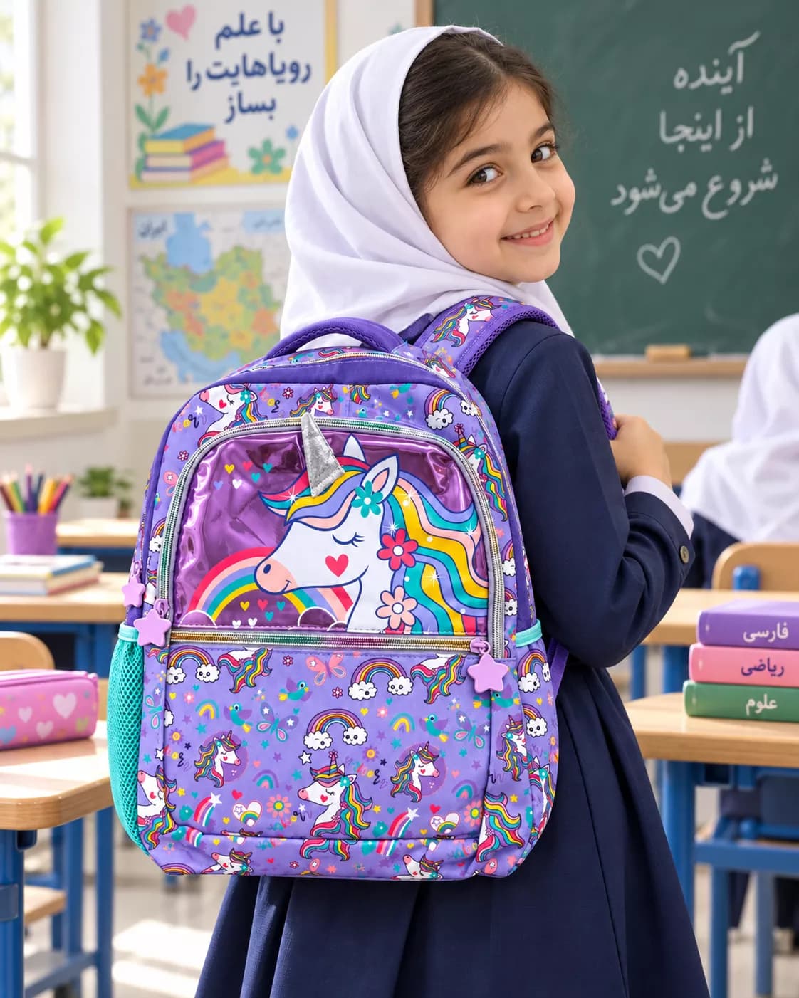 کیف مدرسه دخترانه بنفش مدل یونیکورن — تصویر ۲