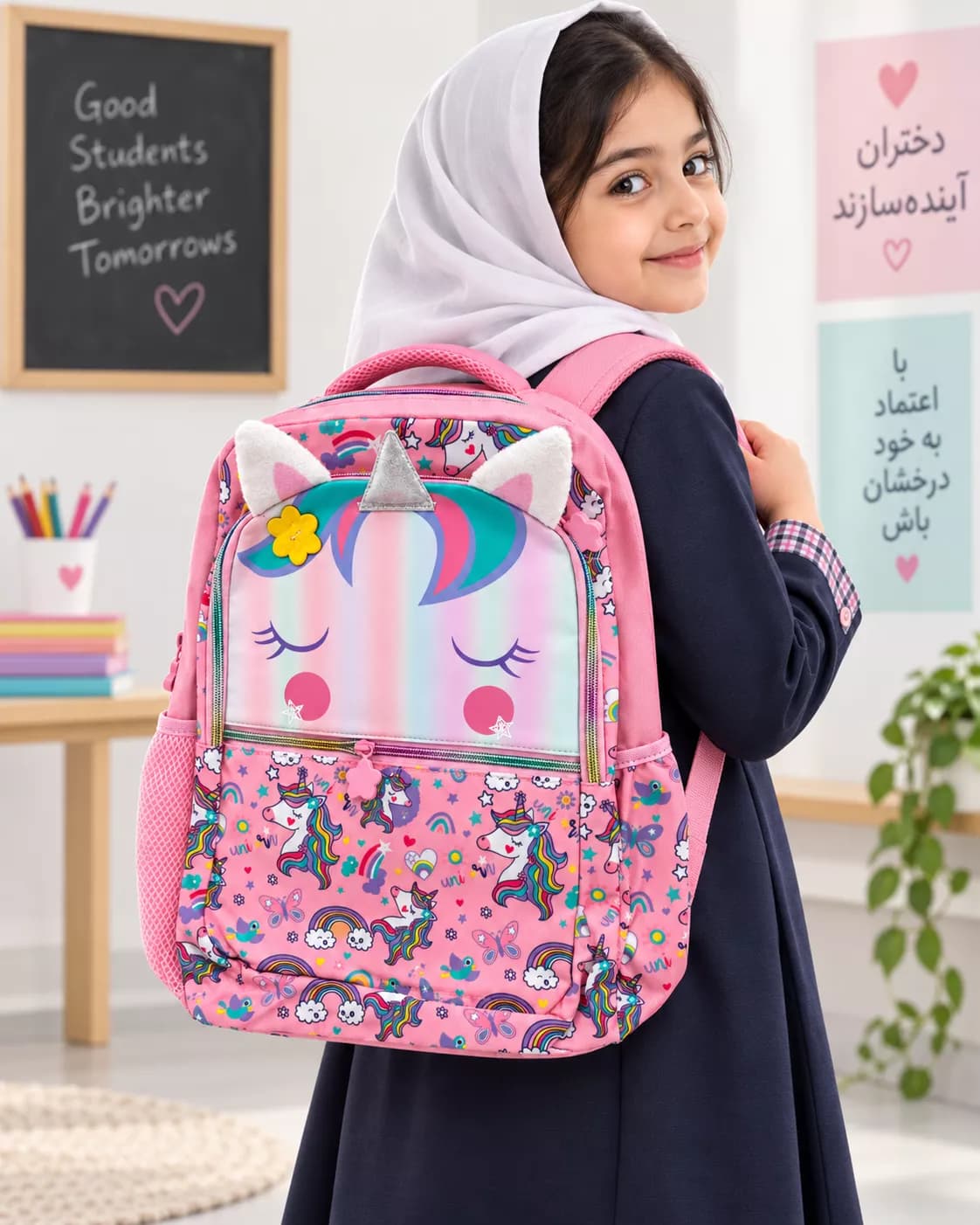 کیف مدرسه دخترانه صورتی مدل یونیکورن — تصویر ۲