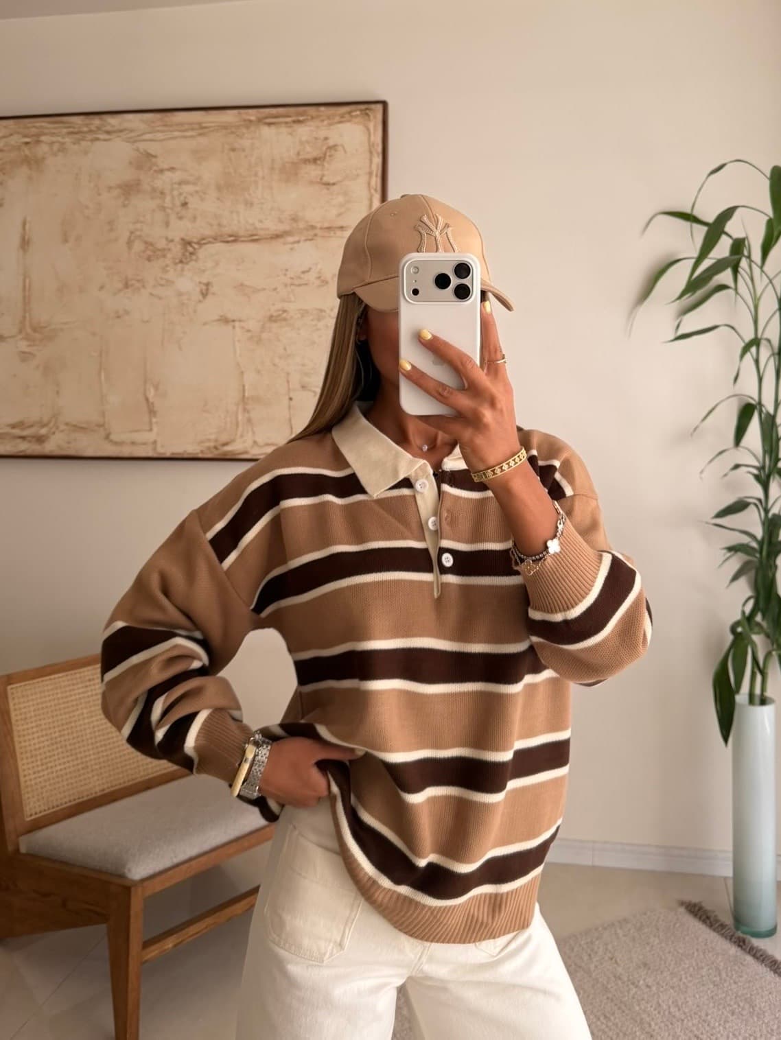 Striped Polo Knit Sweater-Camel Espresso