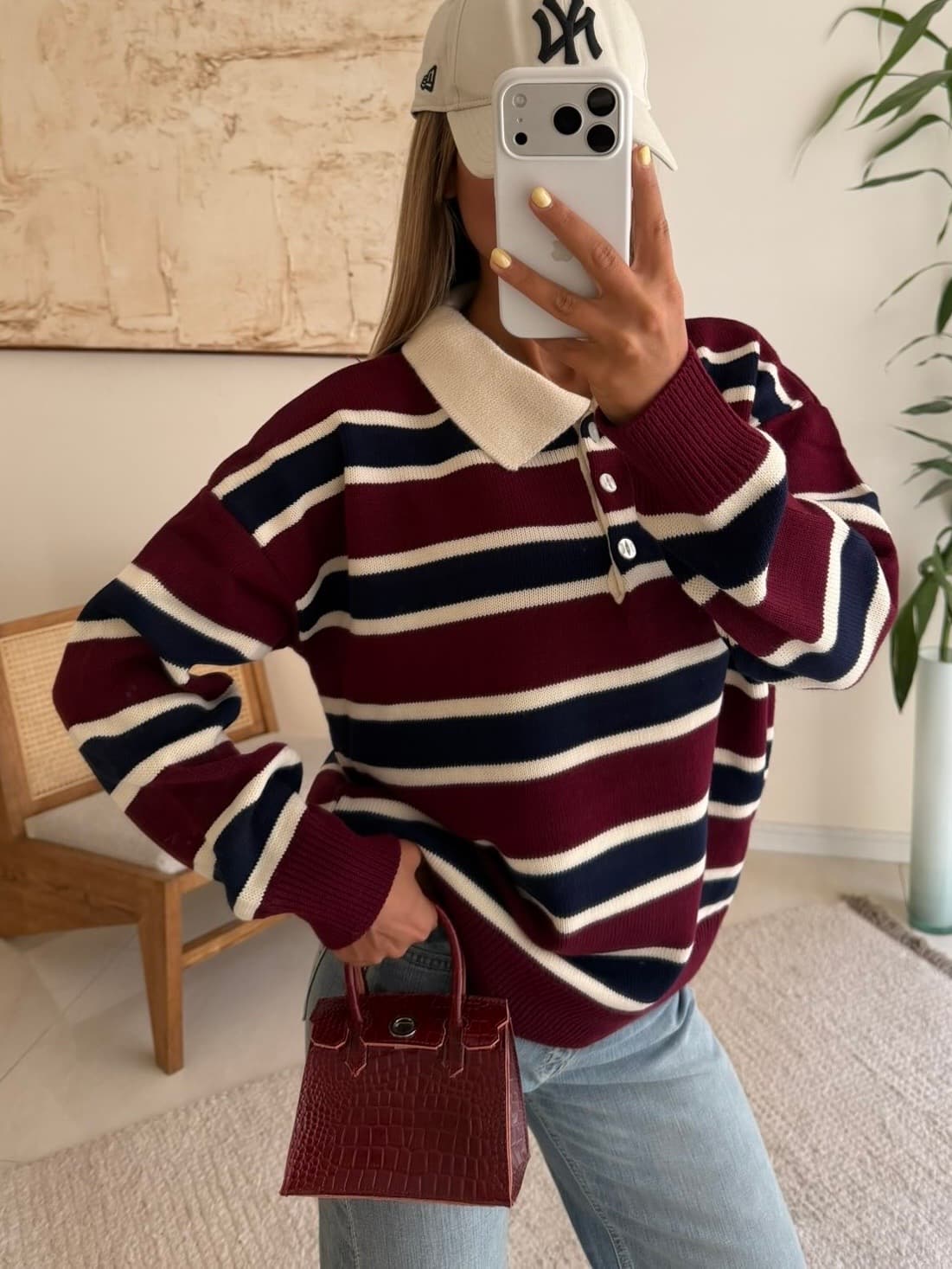 Striped Polo Knit Sweater-Burgundy Navy — تصویر ۲