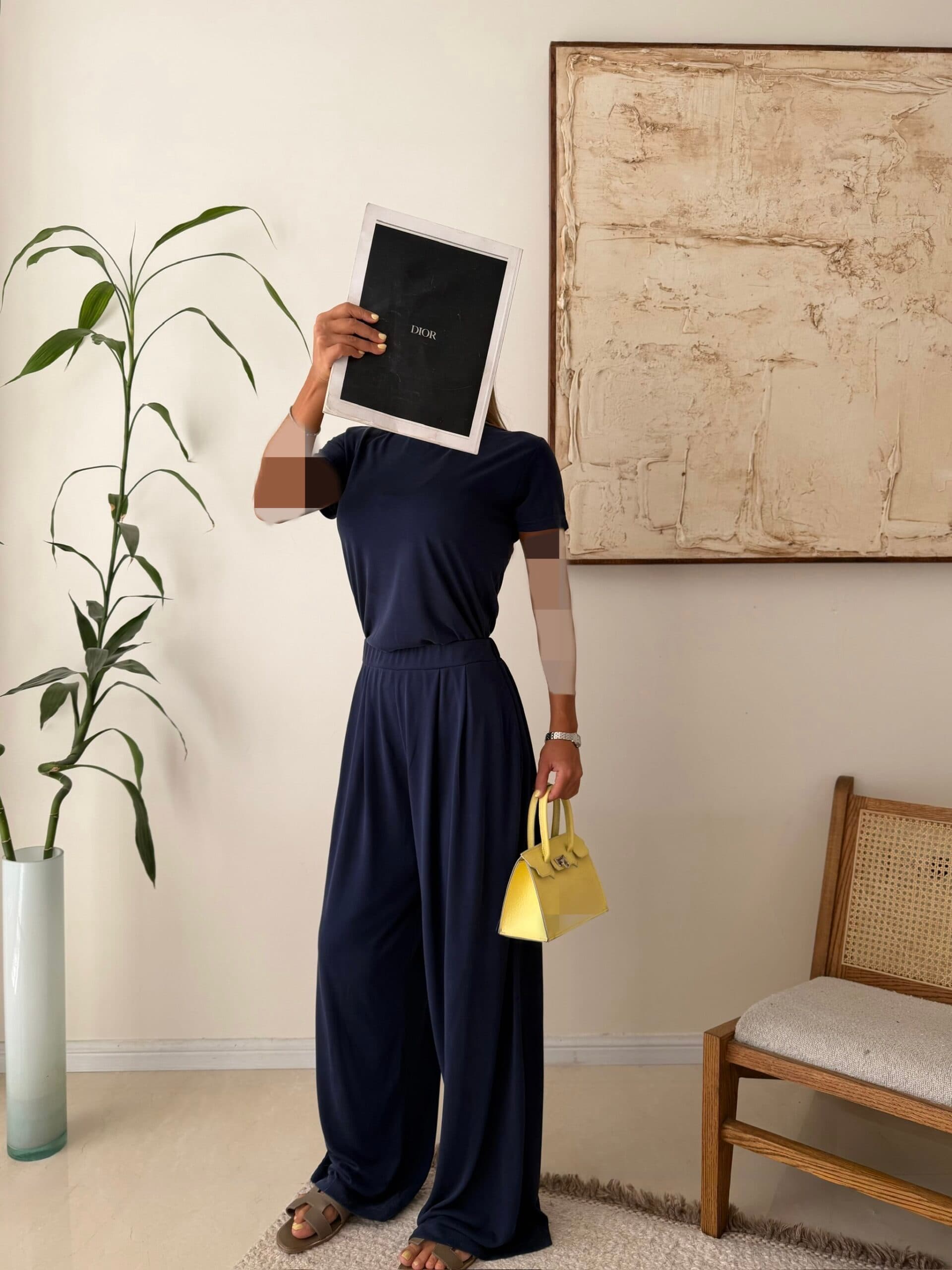 OYSHO Soft Touch Modal T-Shirt & Wide-Leg Pants Set-Navy