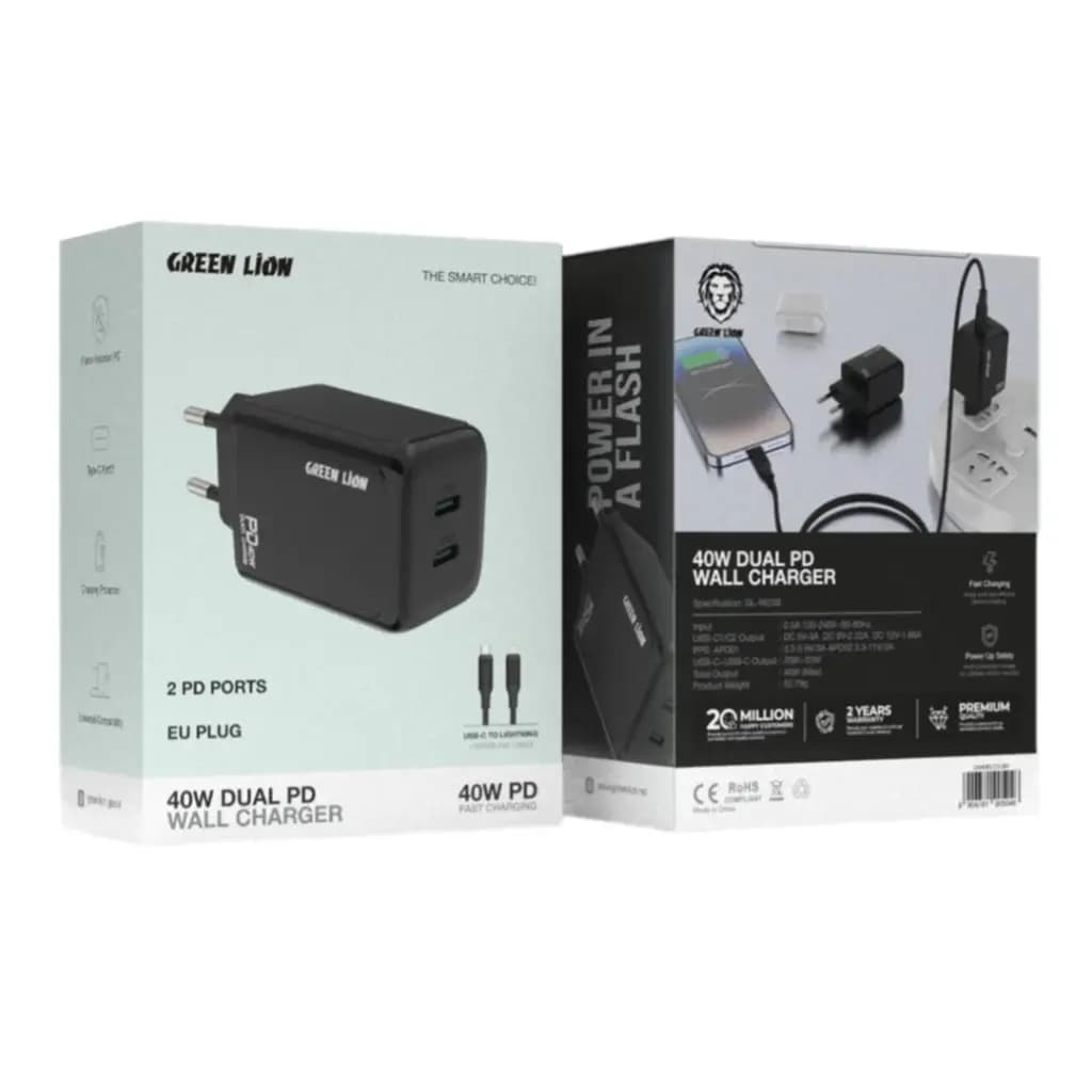 شارژر دیواری 40وات گرین لاین مدل Dual Port + کابل تایپ سی به لایتنینگ — تصویر ۲