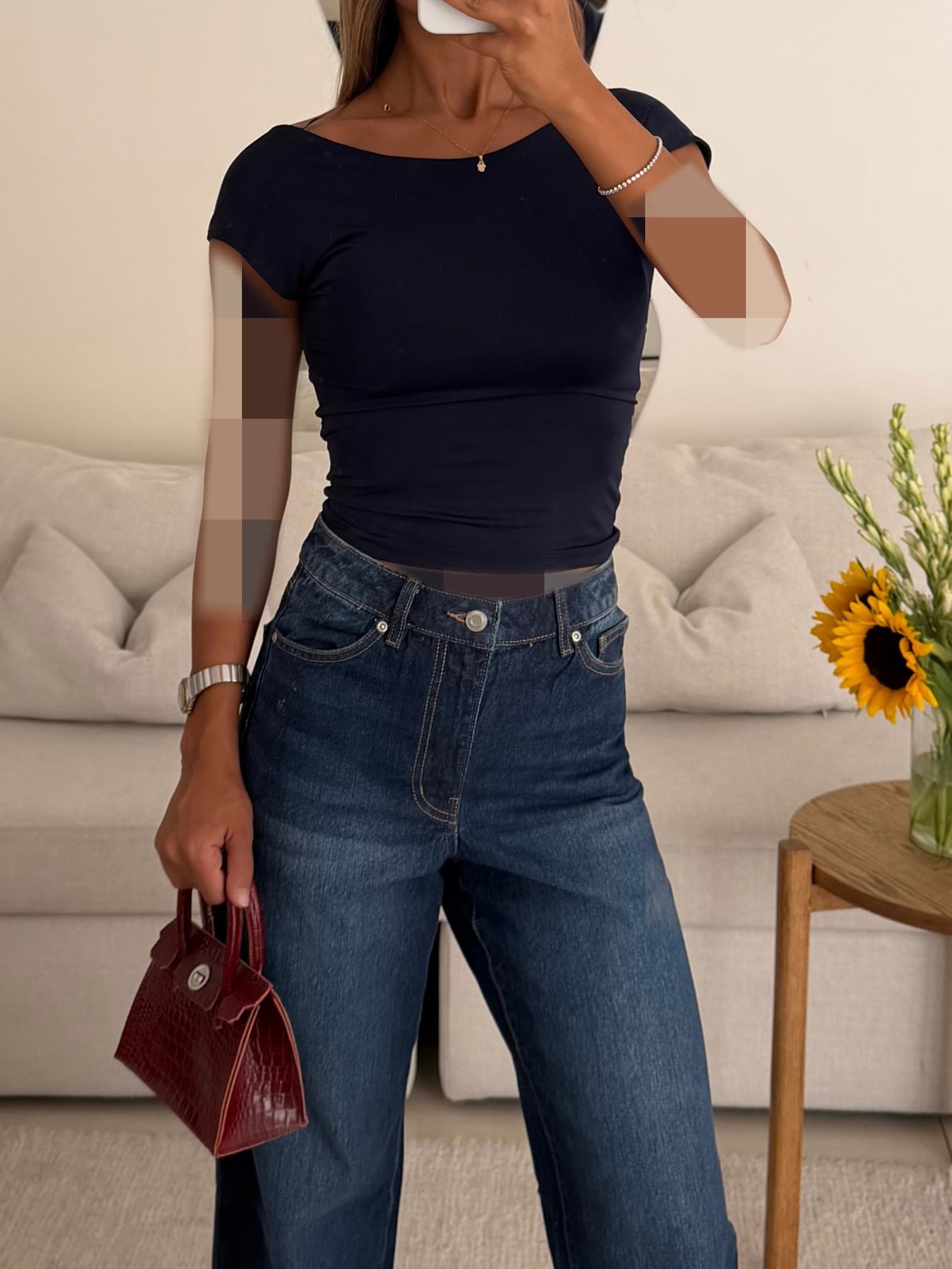 Sterdivarius-Bardot Top| Navy Blue تاپ بک‌لس