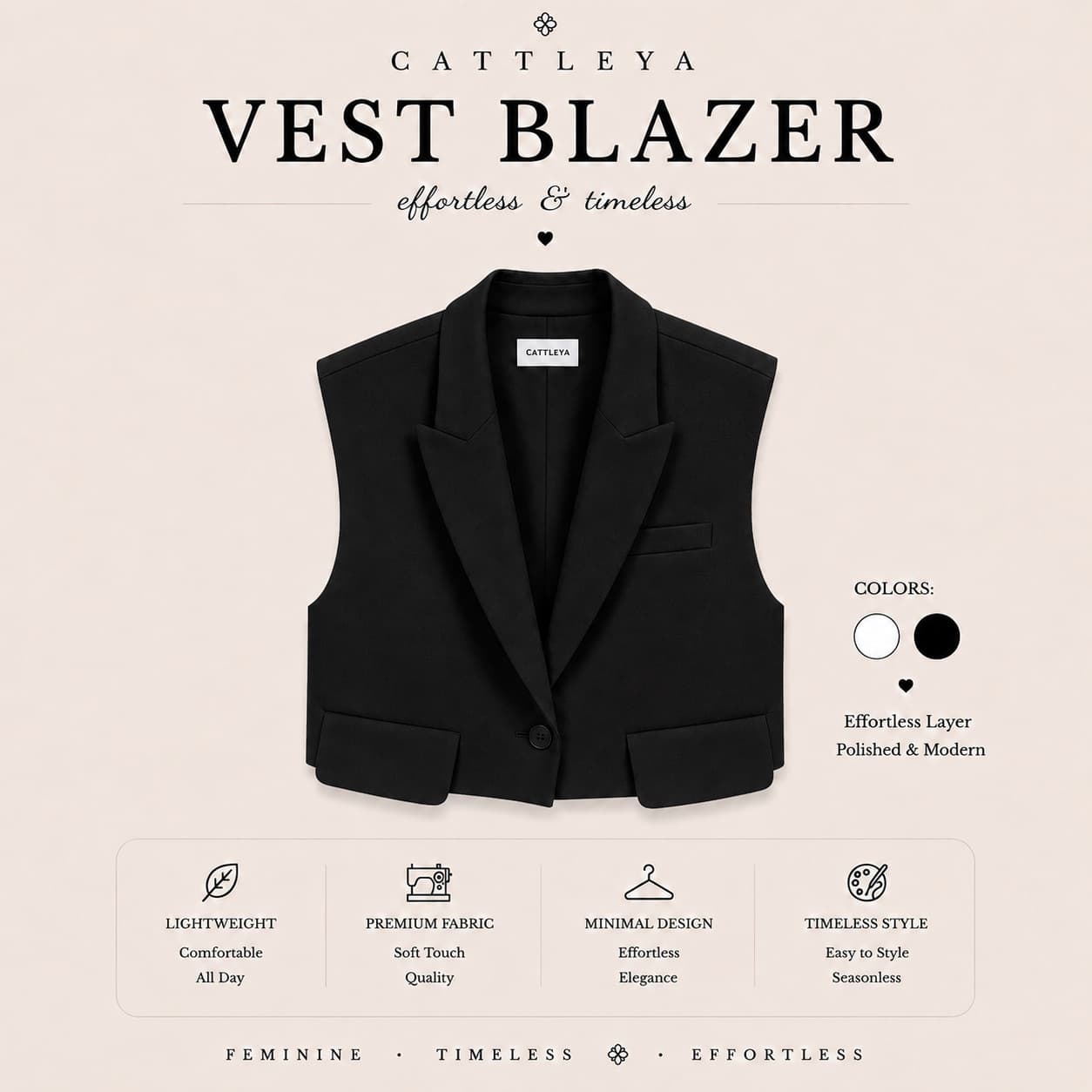 CATTLEYA | Cropped Blazer Vest Black — تصویر ۳