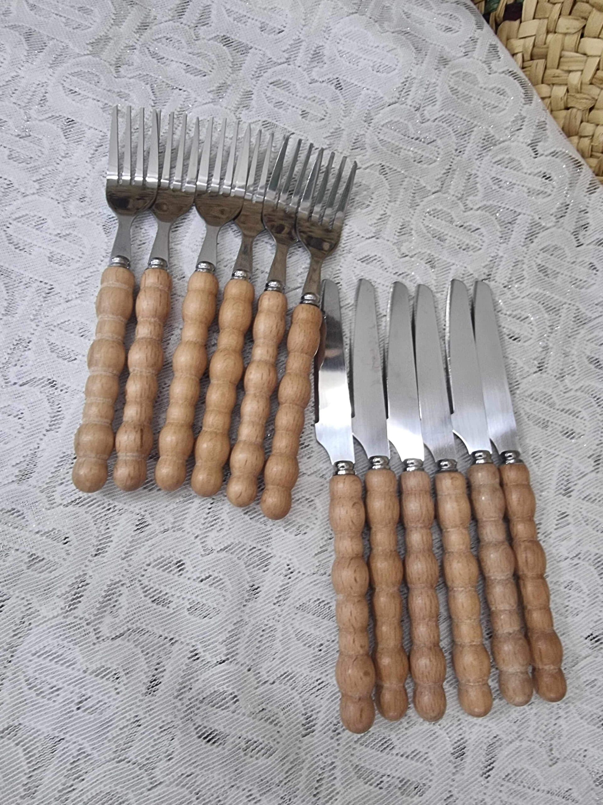 کارد و چنگال مرواریدی دسته چوبی ست 6 عددی
