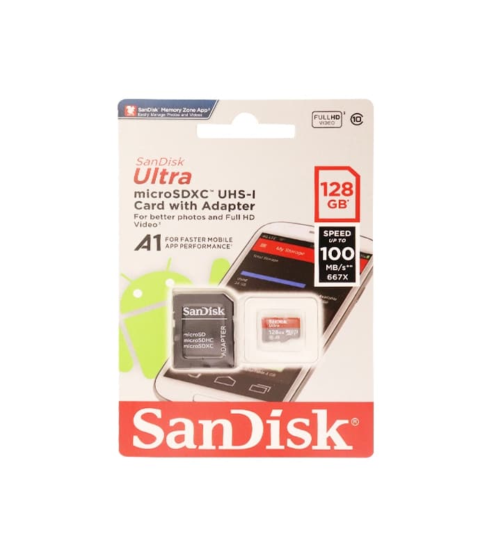 رم Micro SDXC Card ظرفیت 128GB کلاس10 سرعت 100MB/s مدل UHS-I برند SanDisk