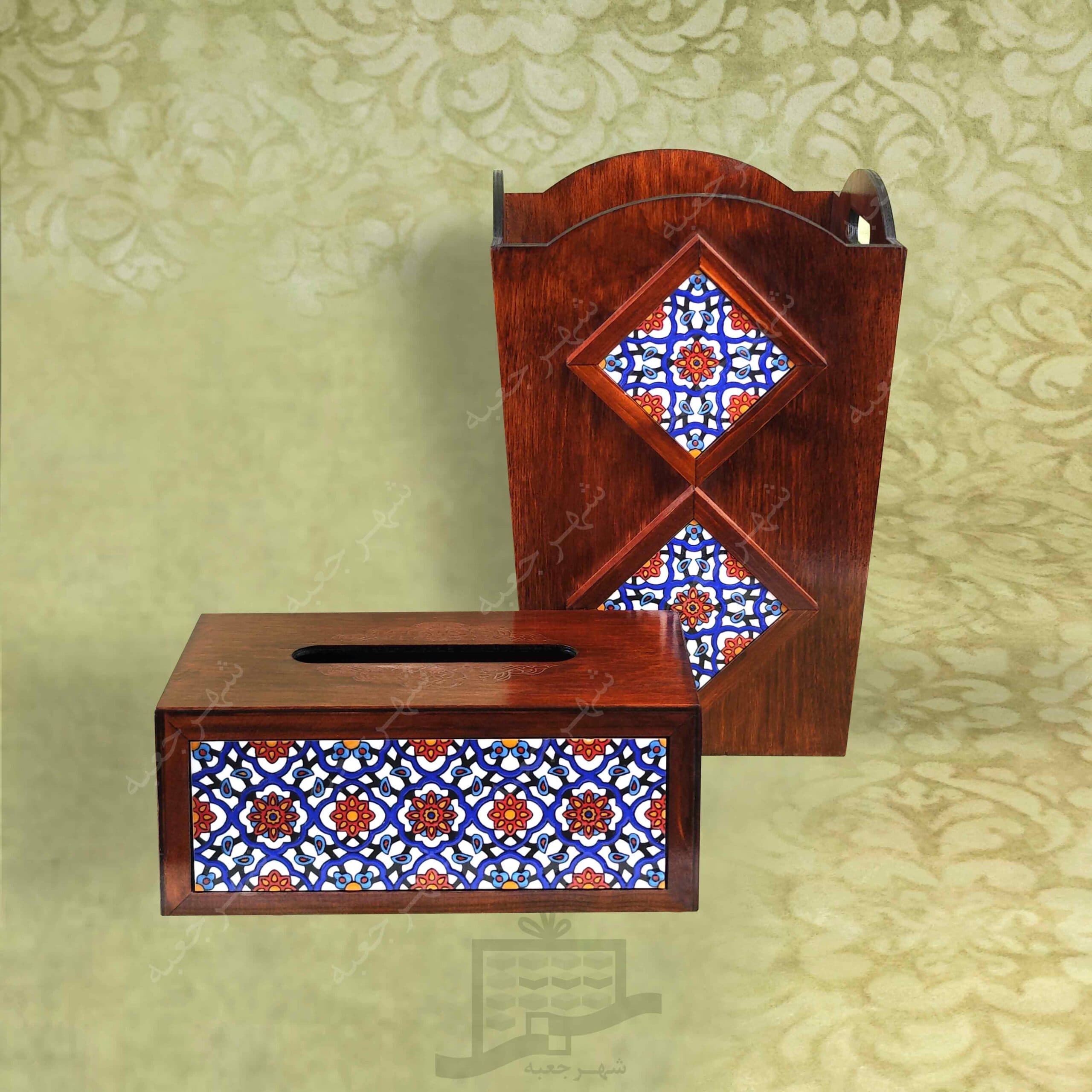 ست جعبه دستمال کاغذی و سطل چوبی (طرح B6)-چوب و کاشی،جا دستمال کاغذی و سطل