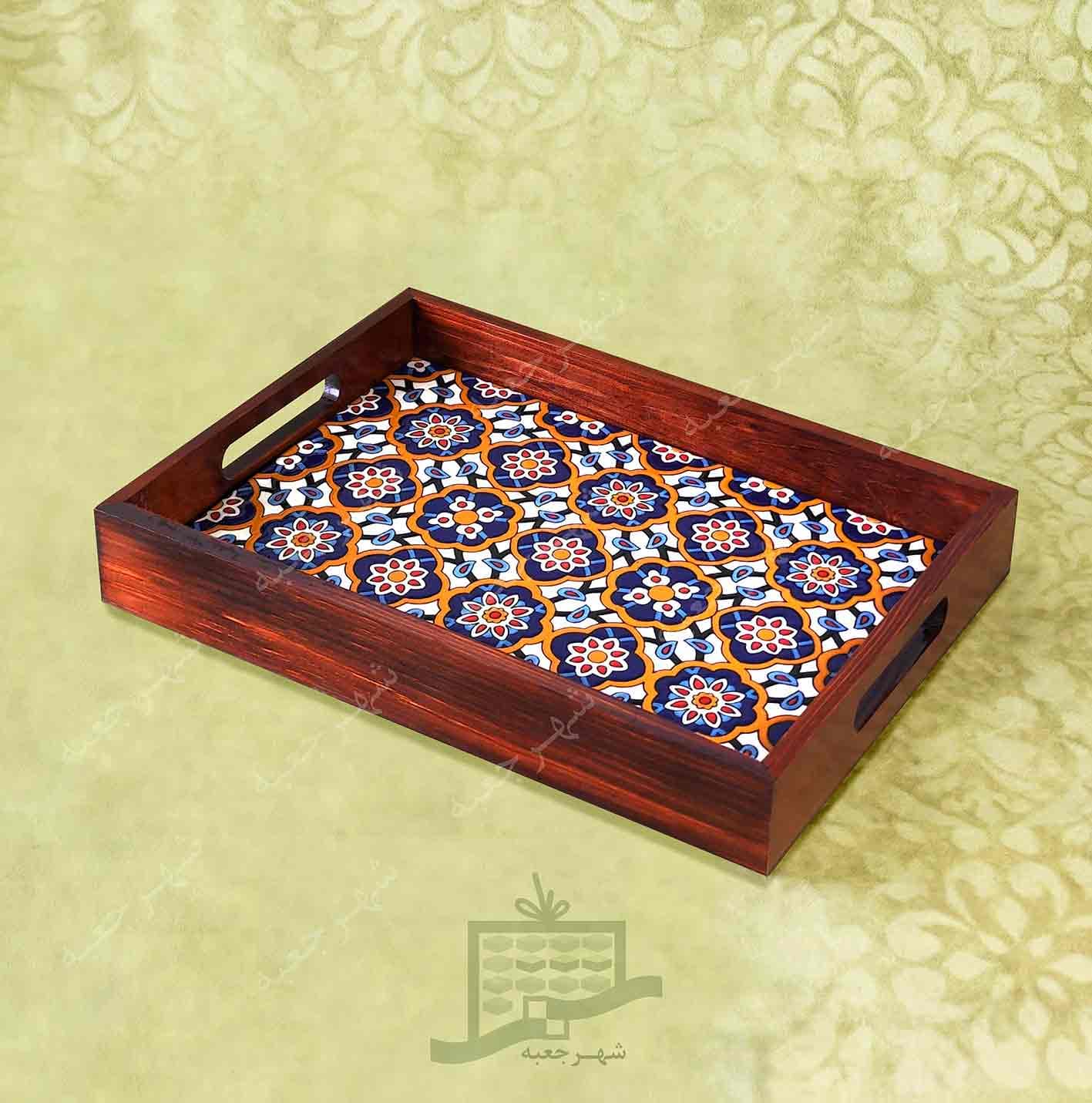 سینی چوبی (طرح B1.2.32) – پذیرایی لاکچری، ضد آب، سنتی، تنقلات، سرو، کاشی