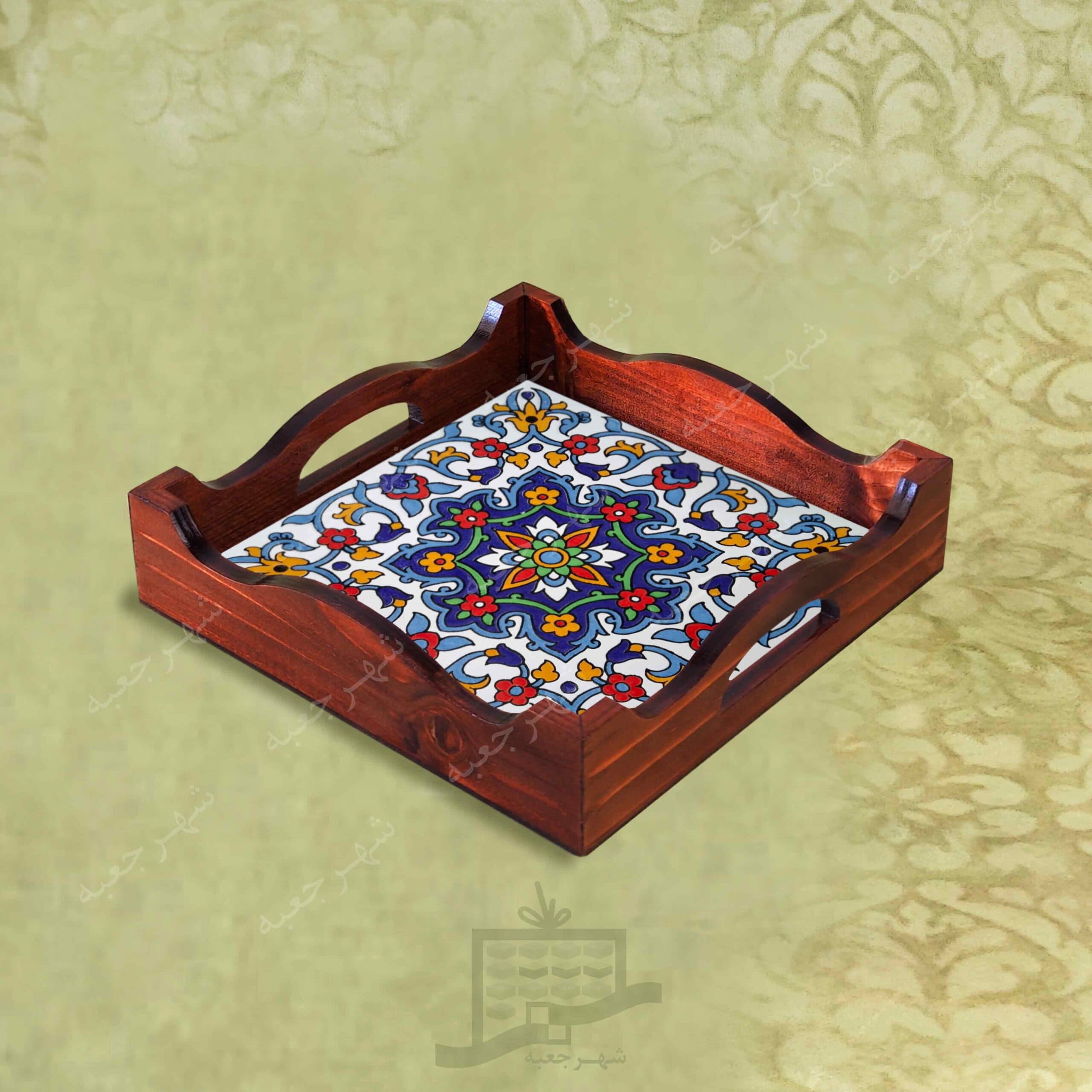 سینی چوبی (طرح B5.1.22) – پذیرایی لاکچری، ضد آب، سنتی، تنقلات، سرو، کاشی