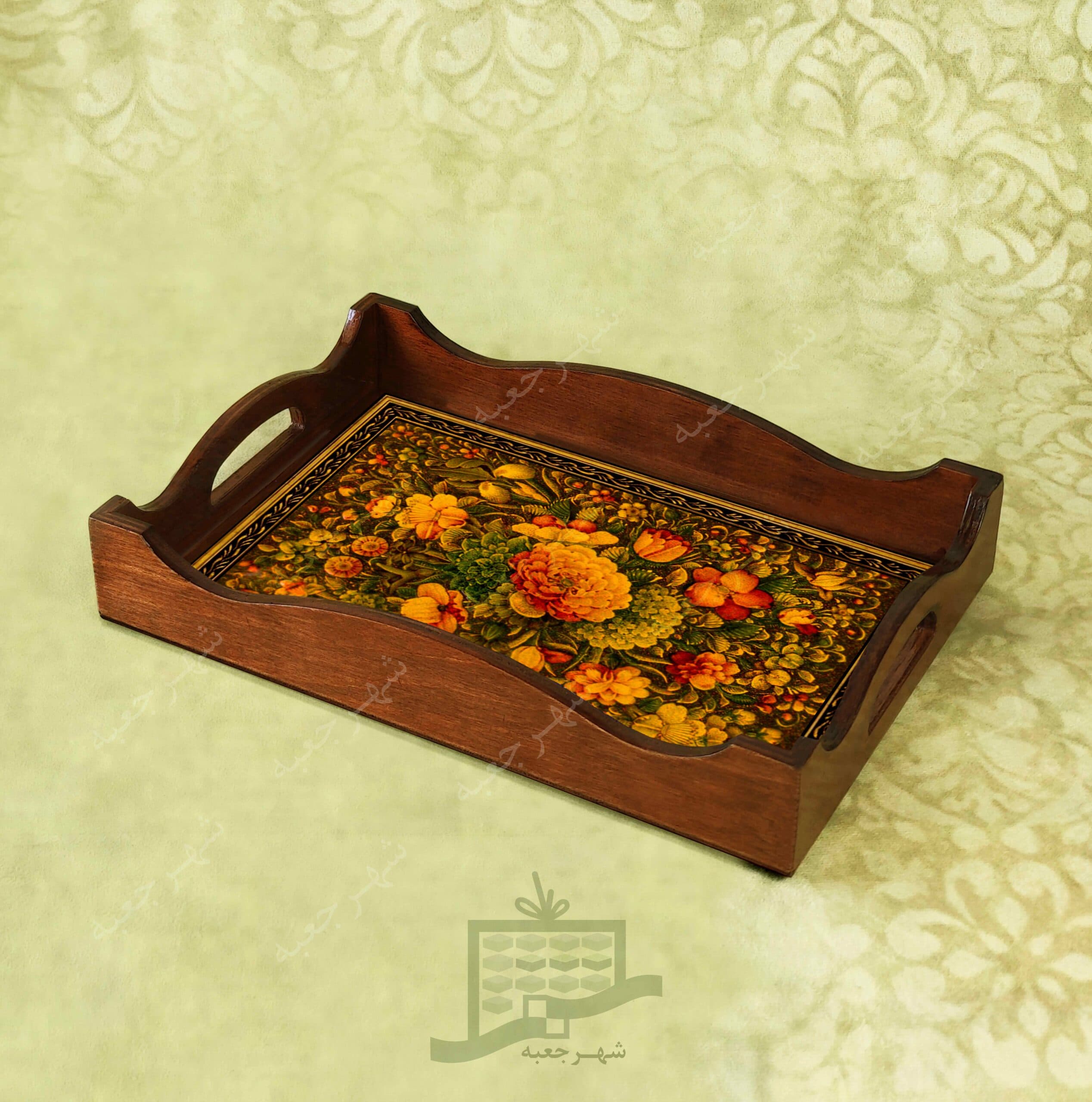 سینی چوبی (طرح R.G15.32)- پذیرایی لاکچری، ضد آب، سنتی، تنقلات، سرو، رزین — تصویر ۲
