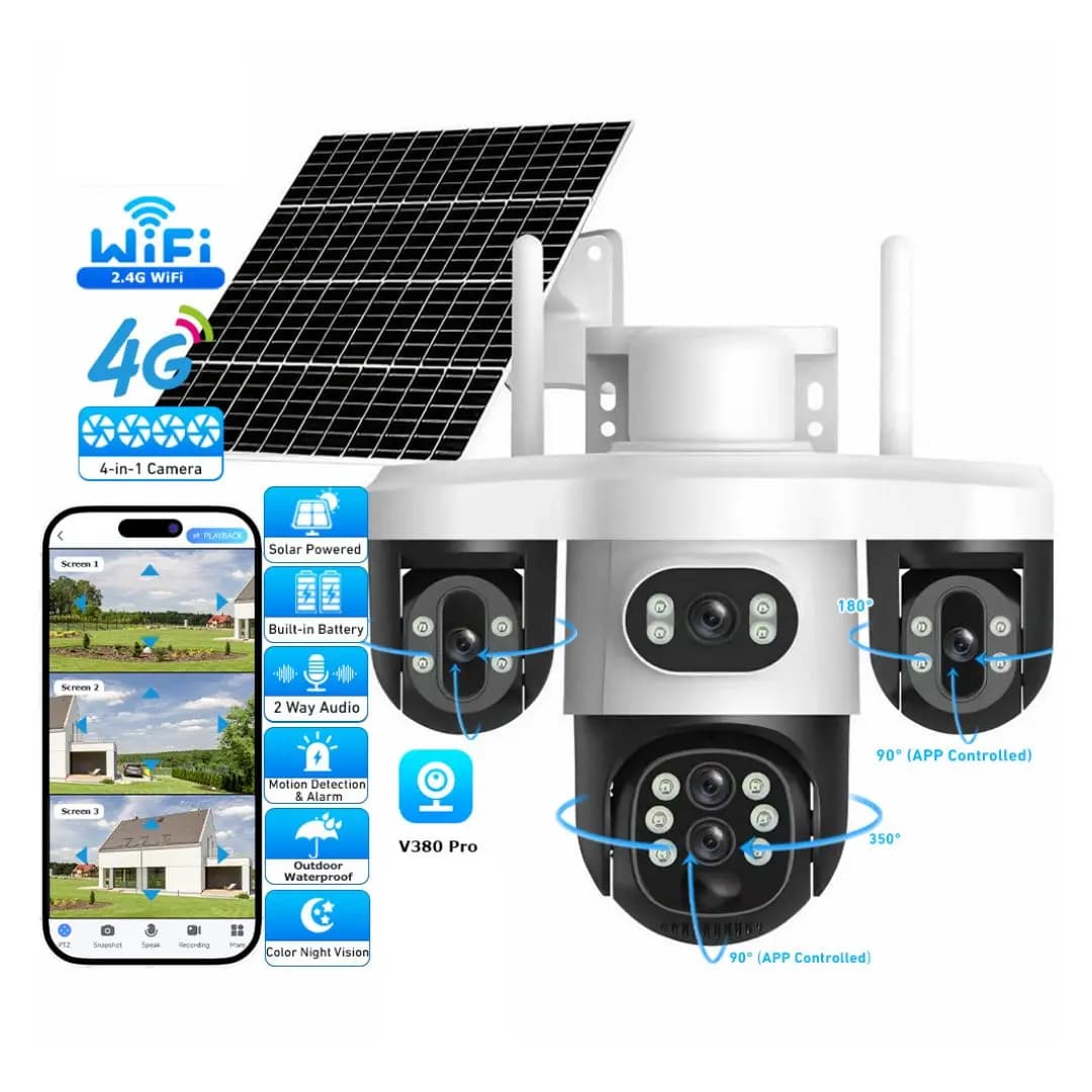دوربین مینی اسپیددام چرخشی سیمکارتی 3 لنز قابل تنظیم 5مگاپیکسل با پنل خورشیدی V380 Pro — تصویر ۳