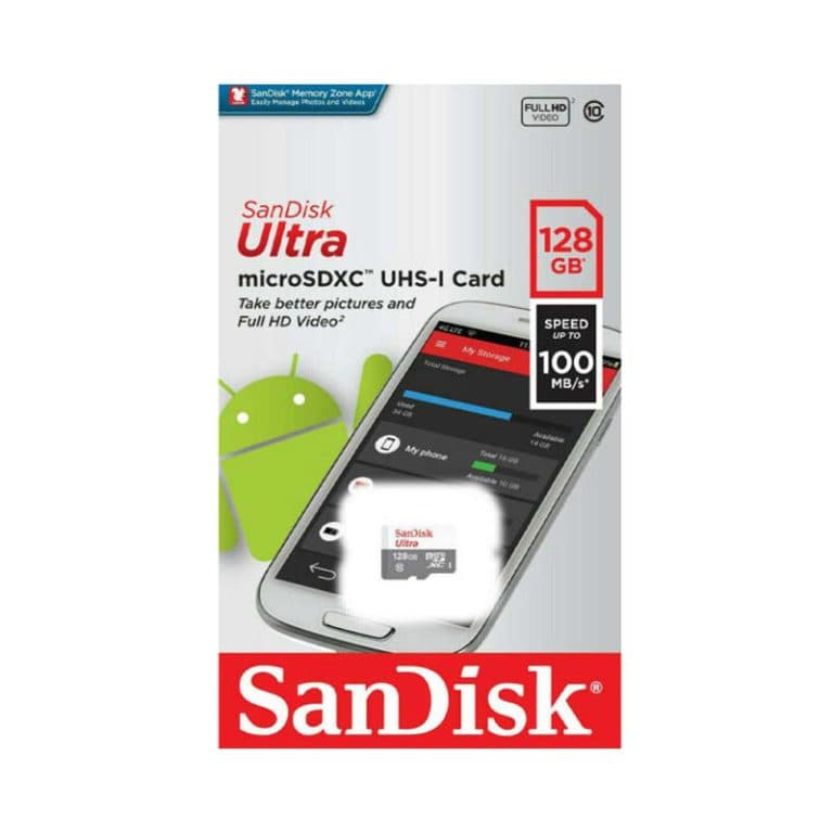 کارت حافظه (رم) میکرو اس‌دی 128گیگ sanDisk استاندارد UHS-I کلاس 10 سرعت خواندن 100MB/s مدل Ultra