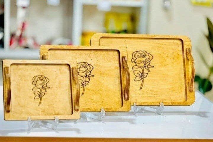 سینی چوبی دسته دار طرح رز 3 عددی کد 816