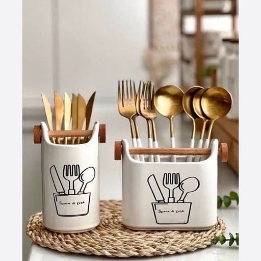 جا قاشقی دسته چوبی سرامیکی چاپدار کد 459
