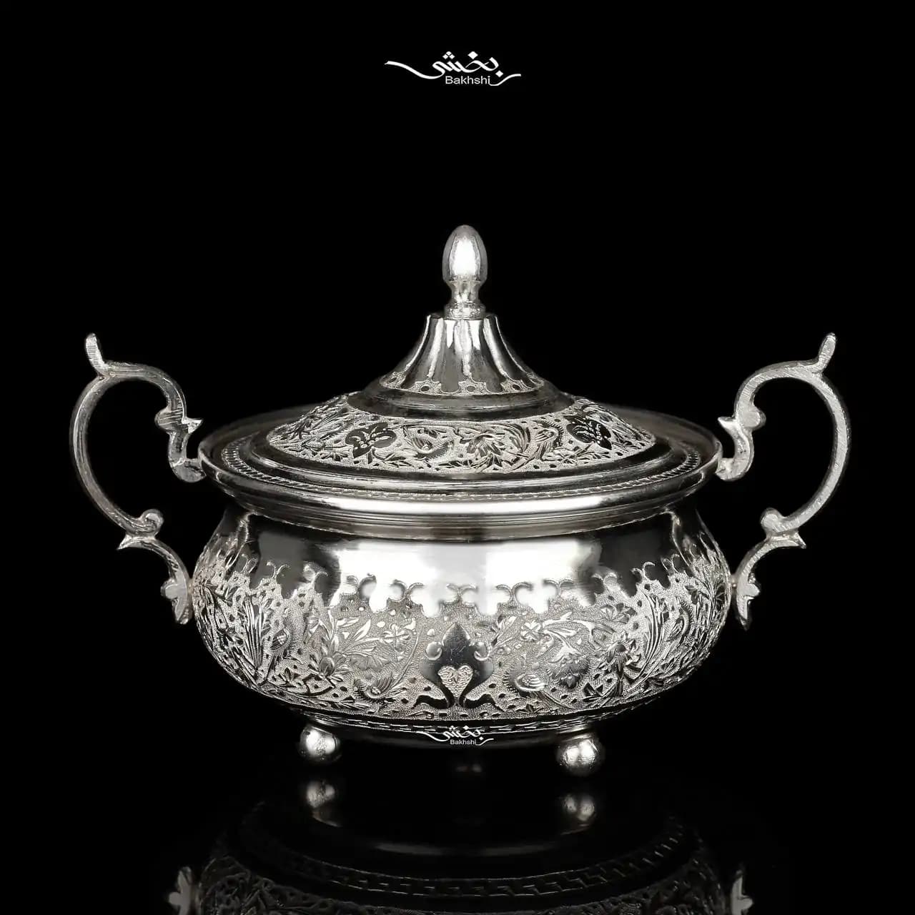 قندان نقره درب دار قلم گل و مرغ — تصویر ۳