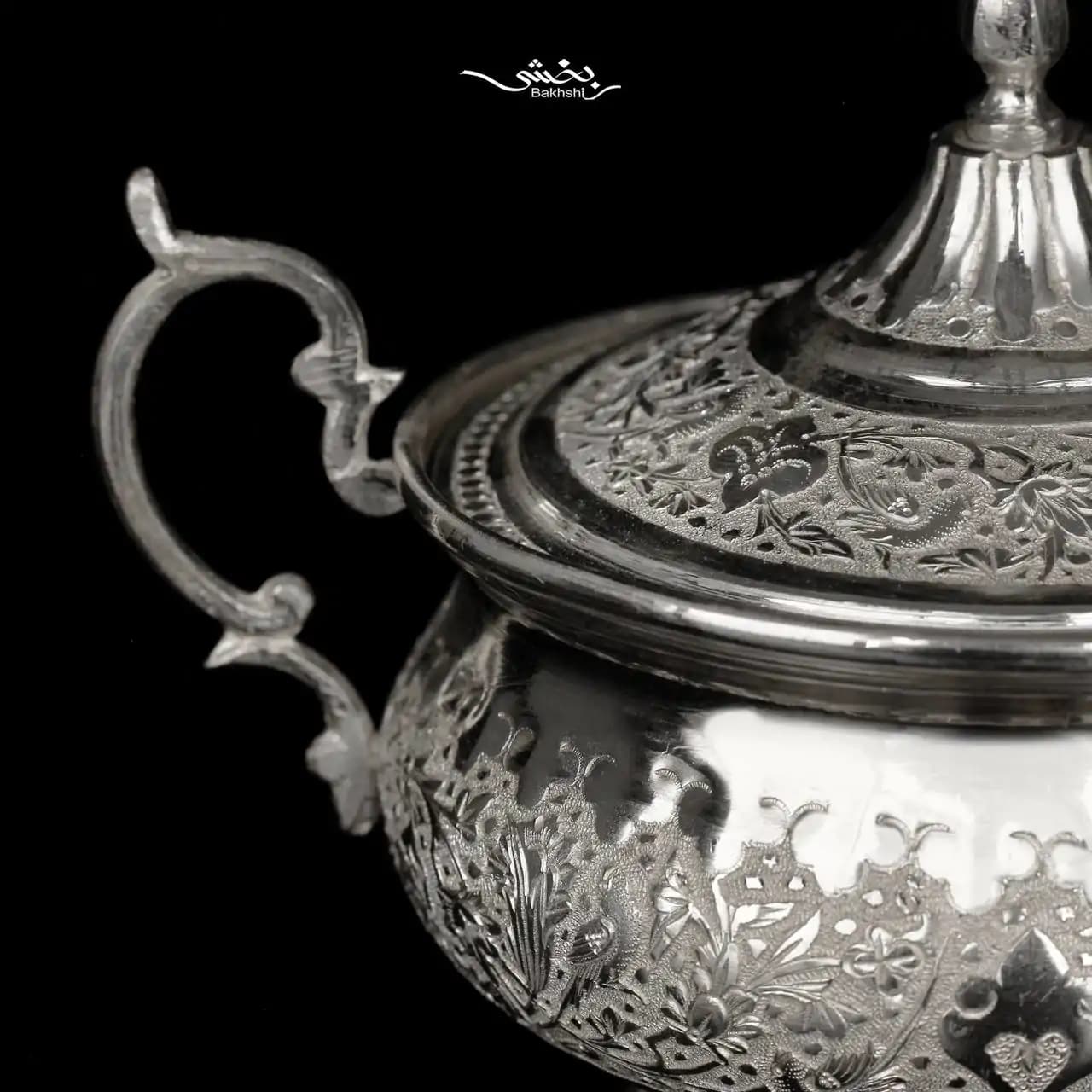 قندان نقره درب دار قلم گل و مرغ — تصویر ۵