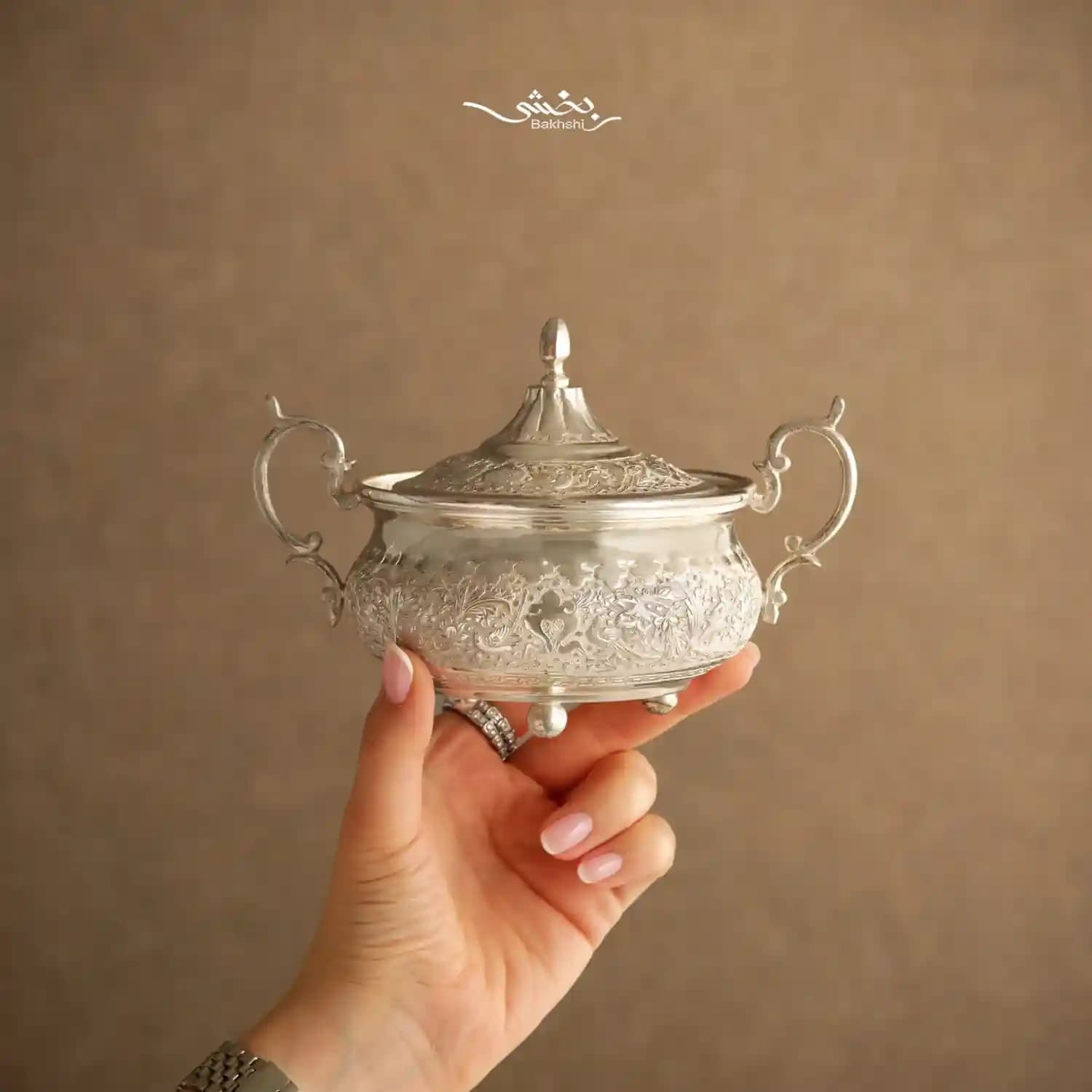 ست چای خوری نقره قلمزنی گل و مرغ — تصویر ۷