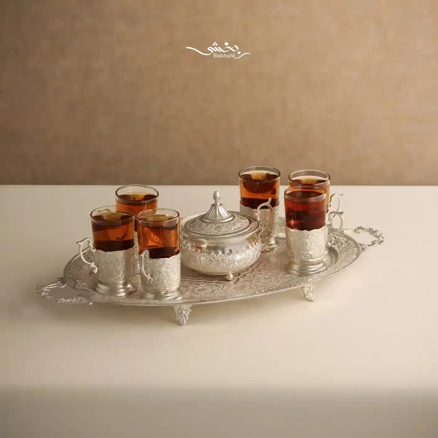 ست چای خوری نقره قلمزنی گل و مرغ — تصویر ۳