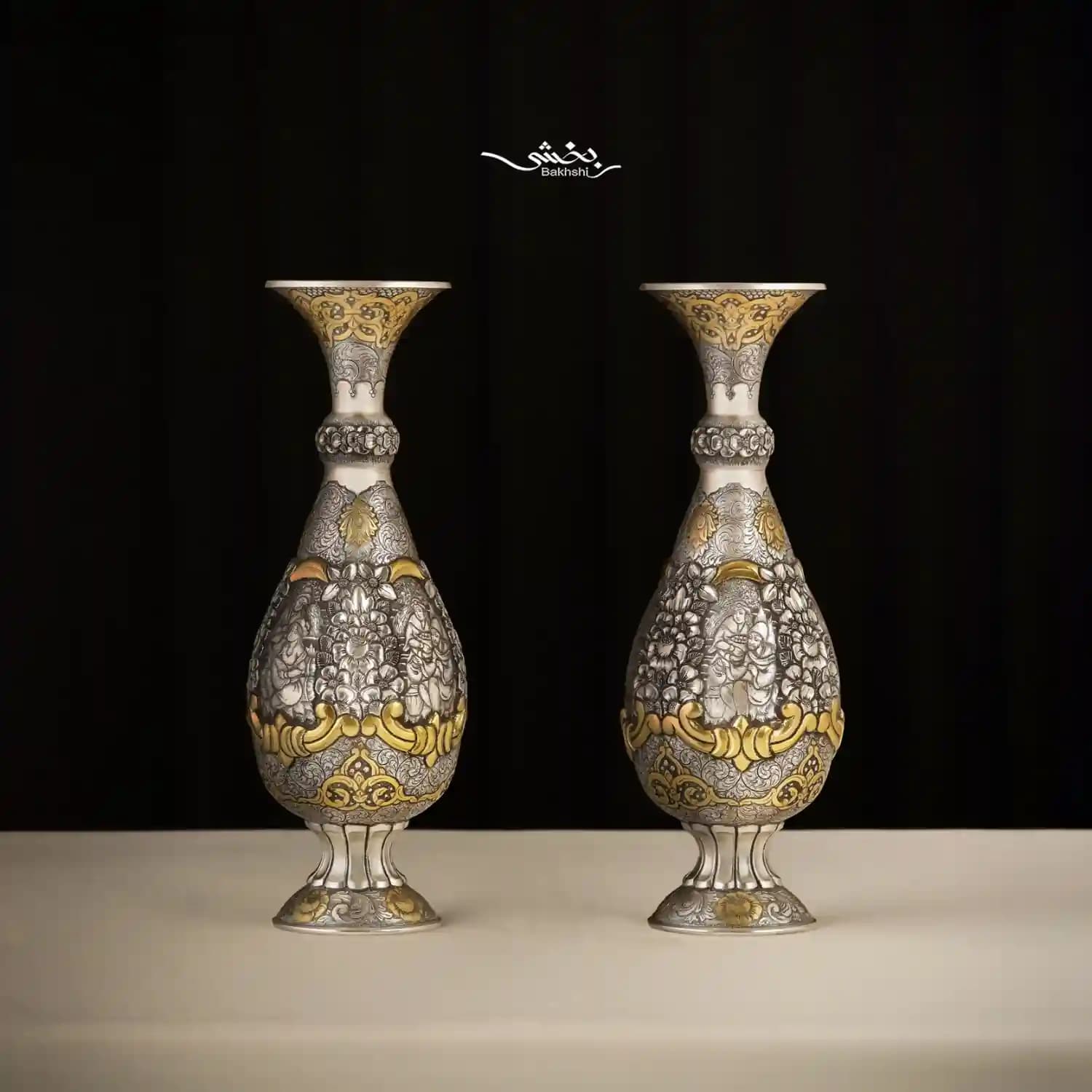 گلدان جفتی نقره خمره ای ملغمه اعلا — تصویر ۲