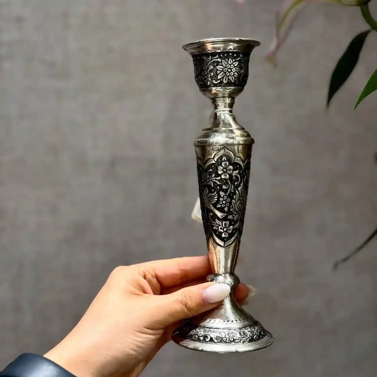 شمعدان نقره تک شاخه گل و مرغ درجه یک — تصویر ۳