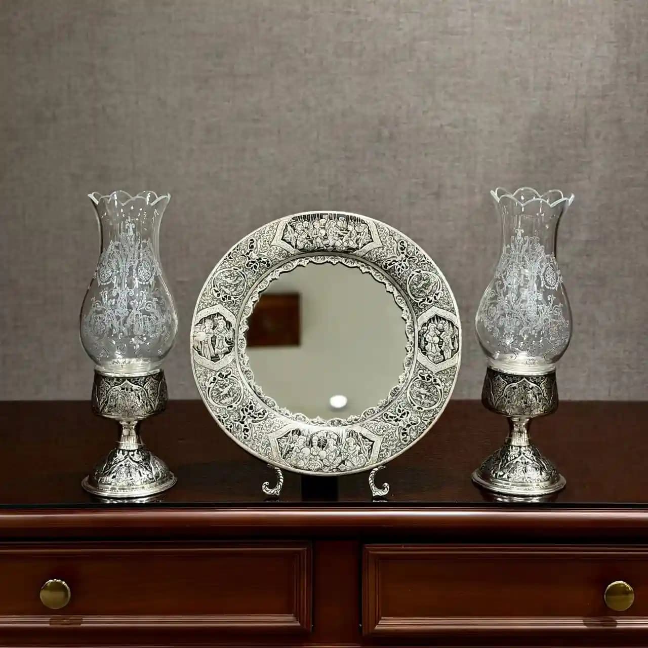 ست آینه گرد و شمعدان حباب خور ریزقلم مینیاتور اعلا