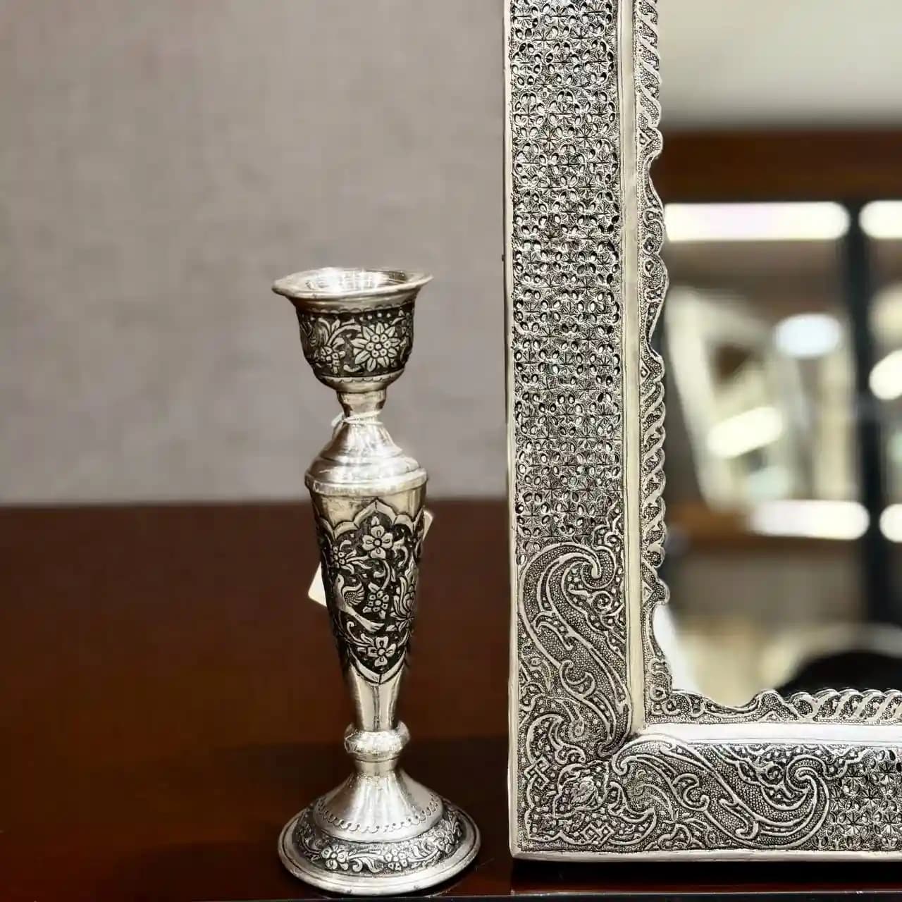 ست آینه مستطیل تاجدار و شمعدان تک شاخه گل و مرغ درجه یک — تصویر ۳