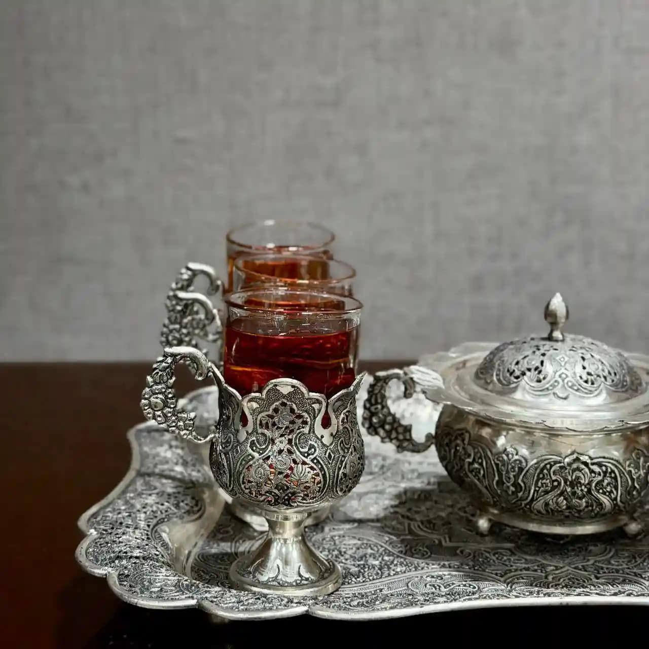 ست چای خوری گل و مرغ ریزقلم و مشبک اعلا — تصویر ۸