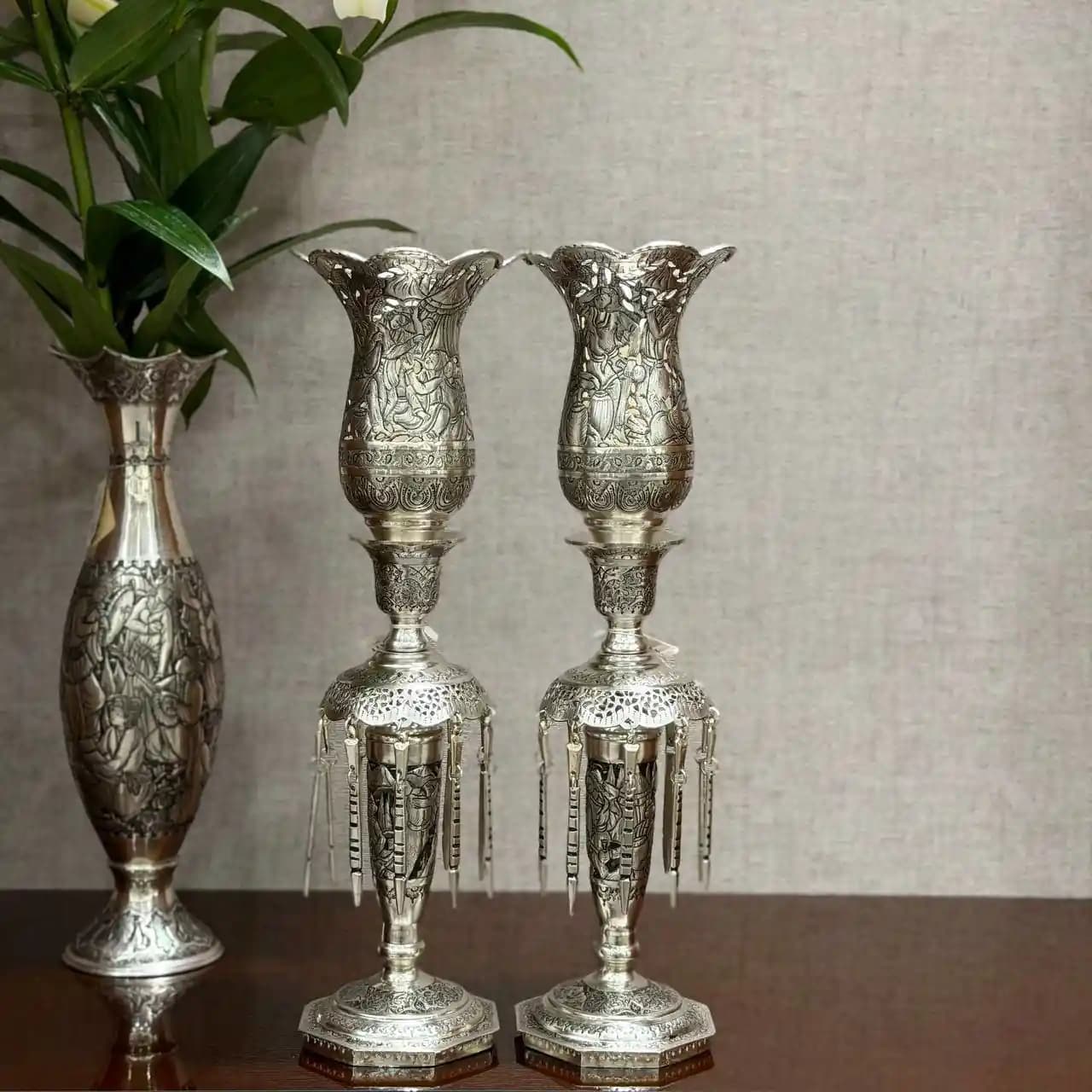 شمعدان نقره لاله آویزدار قلم مینیاتور