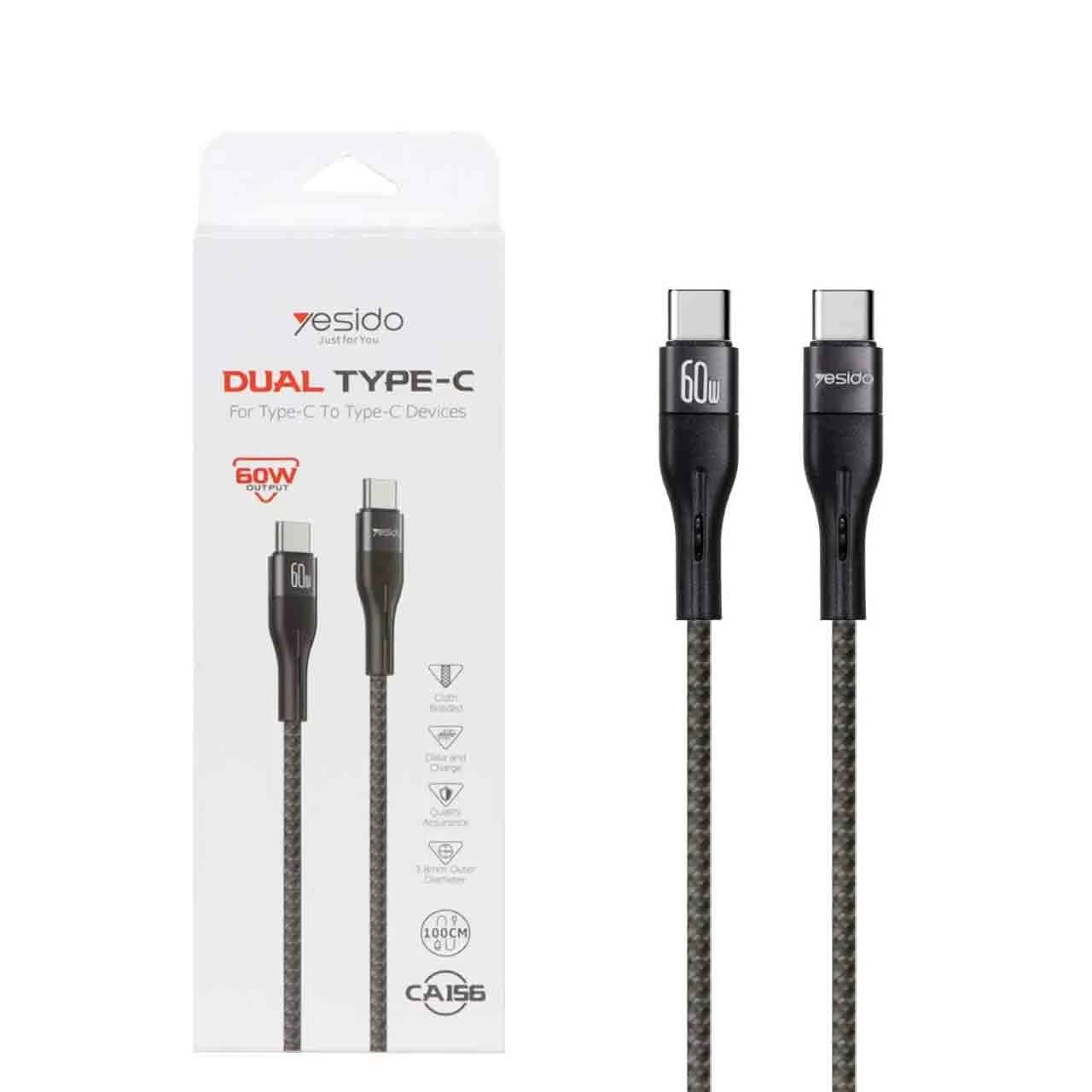 کابل شارژ فست Yesido Type-C to Type-C مدل CA156 – مشکی (گارانتی 12 ماه تعویض نیکان همراه)