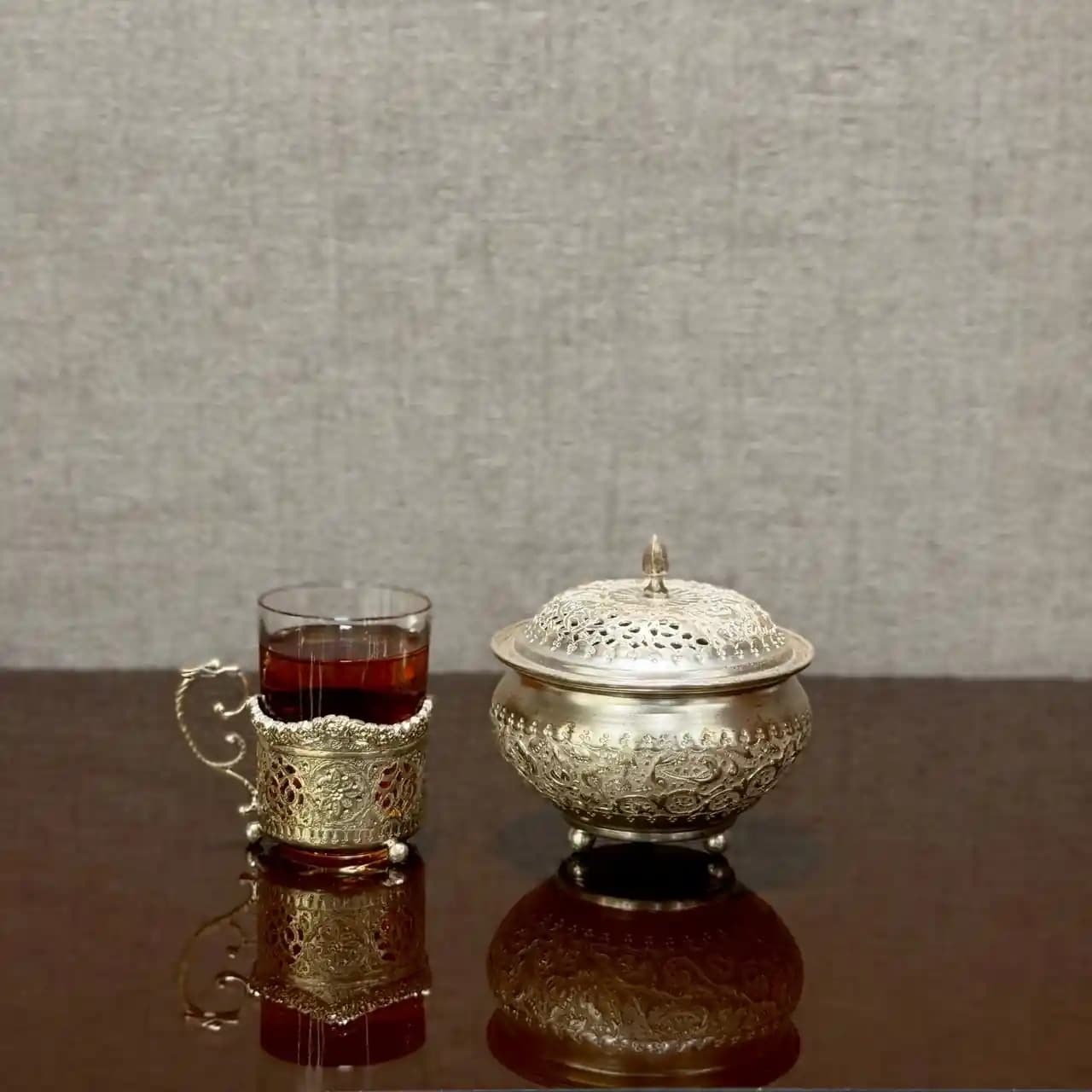 ست چای خوری نقره قلم گل و مرغ — تصویر ۹