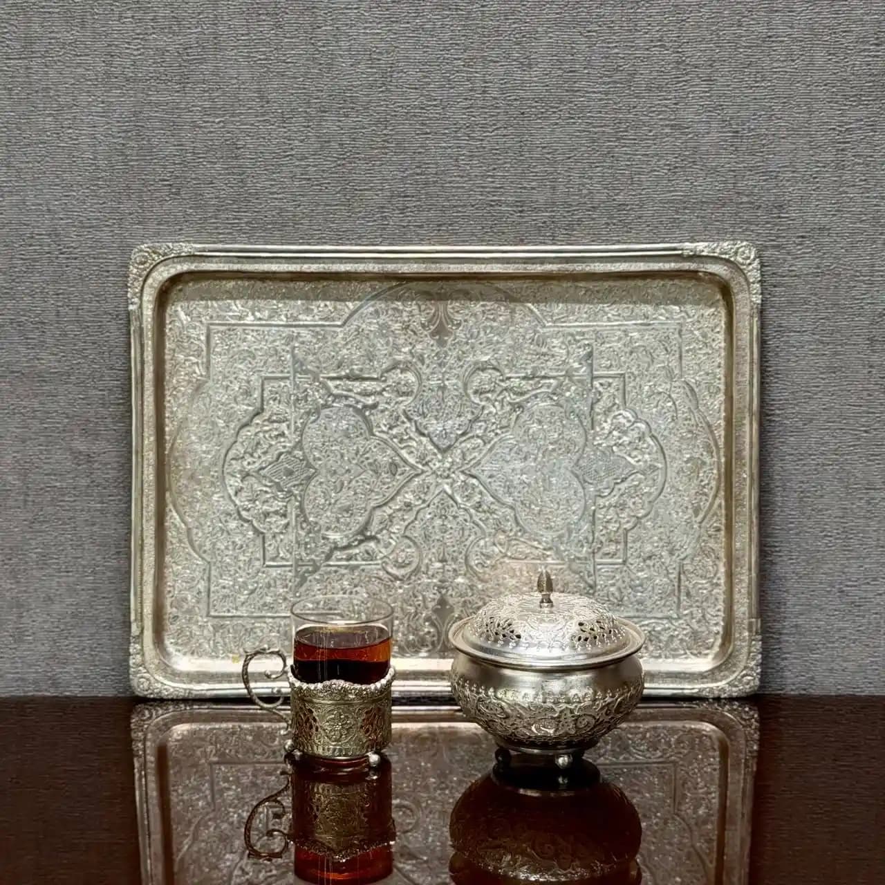 ست چای خوری نقره قلم گل و مرغ — تصویر ۳