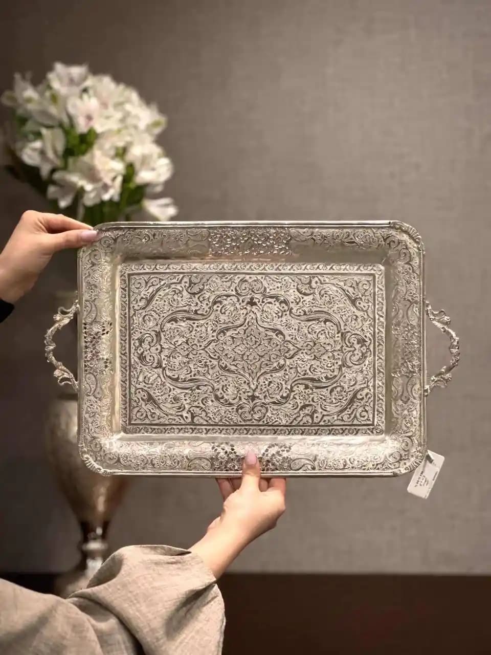 سینی نقره مستطیل دسته دار قلم گل و مرغ