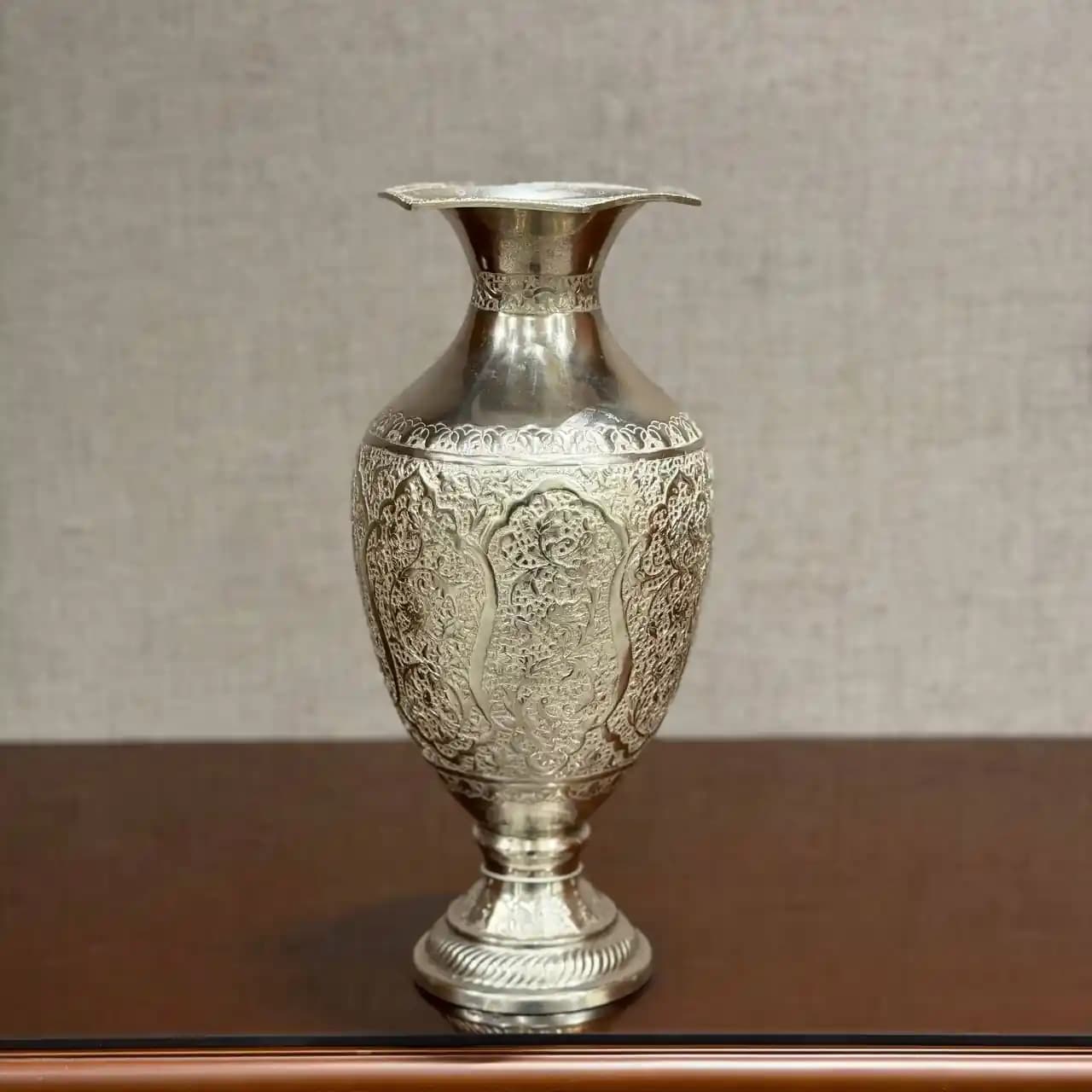 گلدان نقره شکم دار قلم گل و مرغ