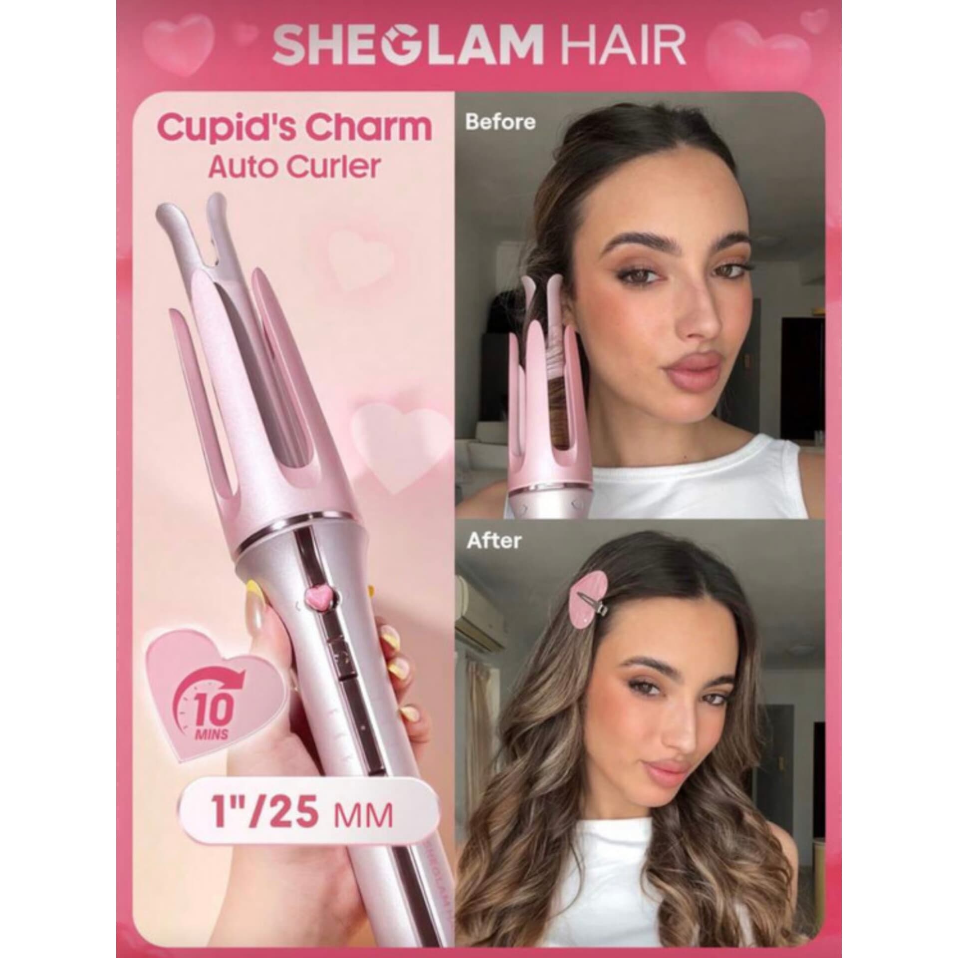 دستگاه کرلی و حالت دهنده مو صورتی مدل cupids charm one-touch شیگلم سایز ۲۵ — تصویر ۲