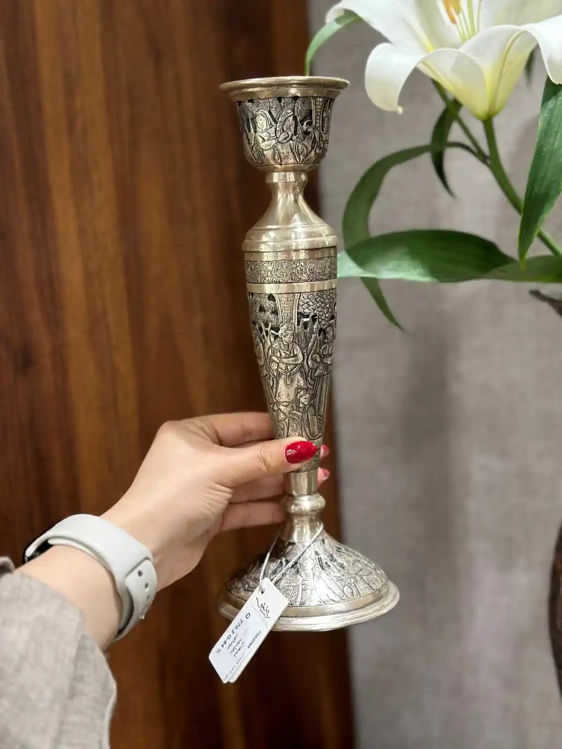 شمعدان نقره تک شاخه ریزقلم مینیاتور اعلا — تصویر ۸