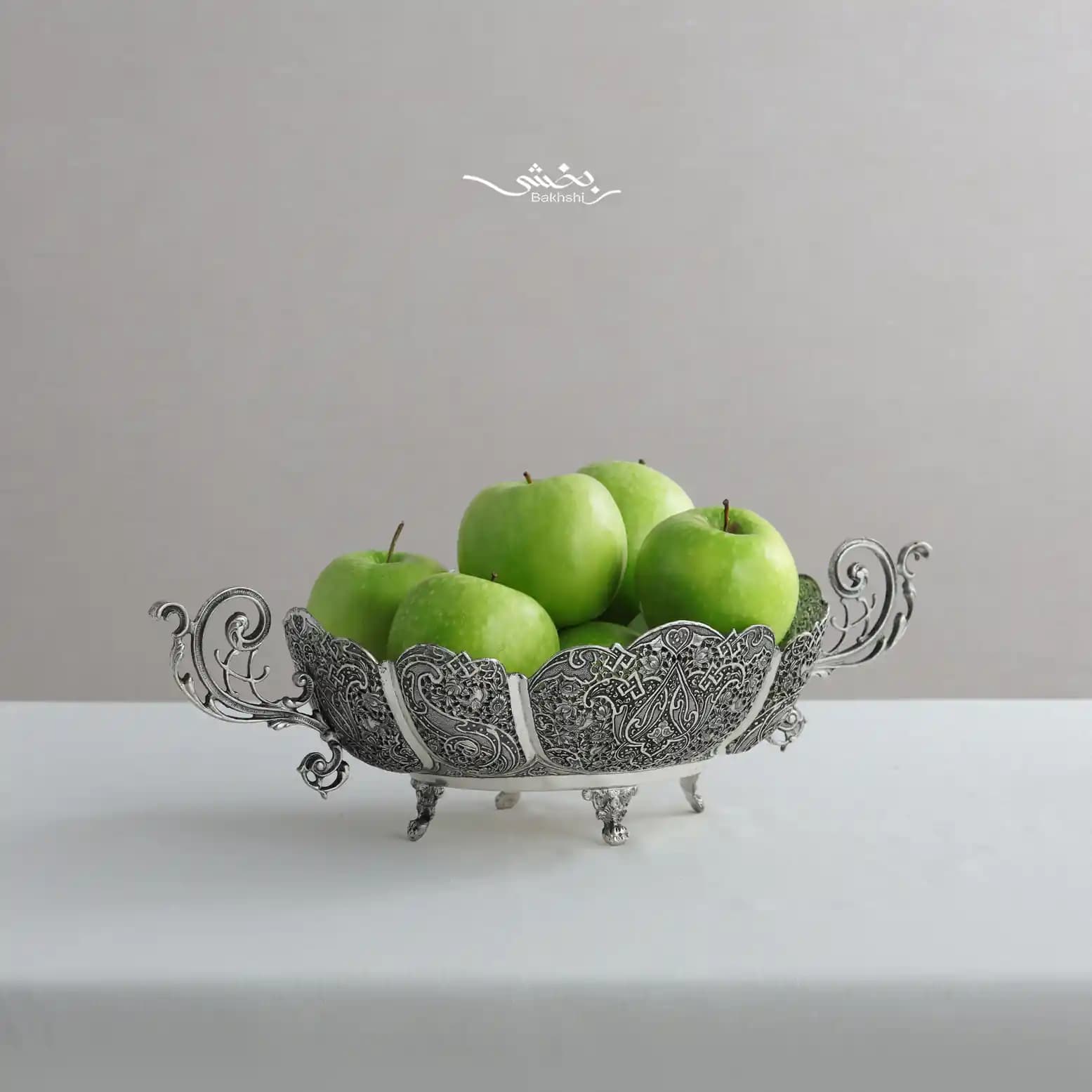 کشکول نقره دسته دار گل و مرغ مشبک اعلا — تصویر ۷