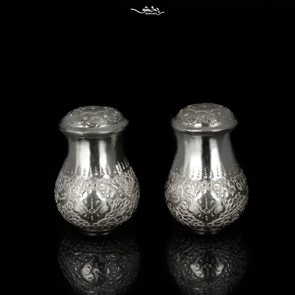 نمکدان نقره شکمدار قلم گل و مرغ