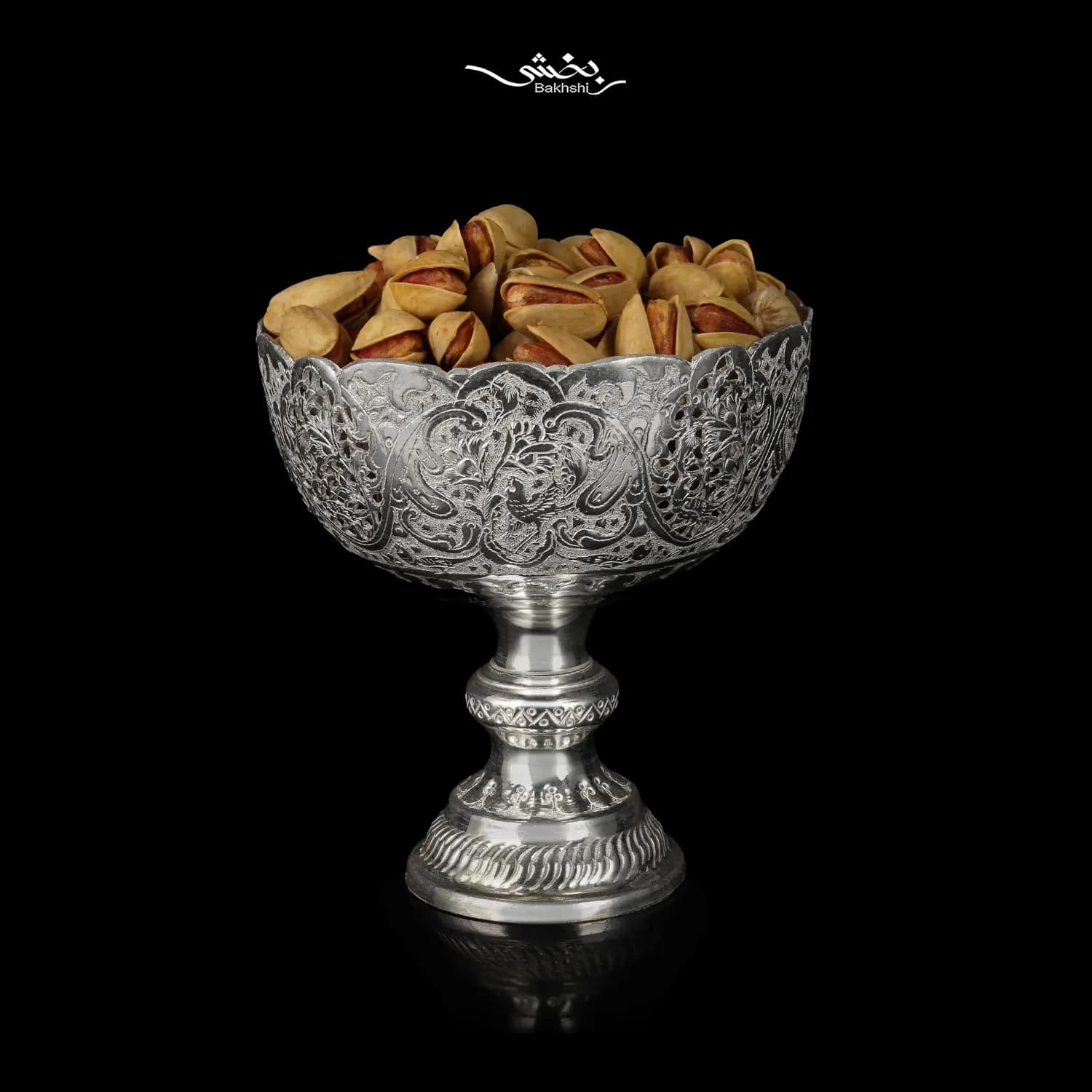 کاسه شش عددی نقره پایه دار قلم گل و مرغ — تصویر ۴