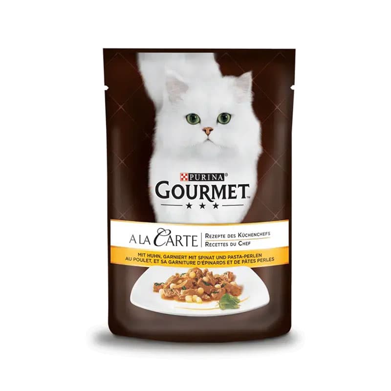 پوچ گربه گورمت با طعم مرغ، اسفناج و پاستا وزن 85 گرم